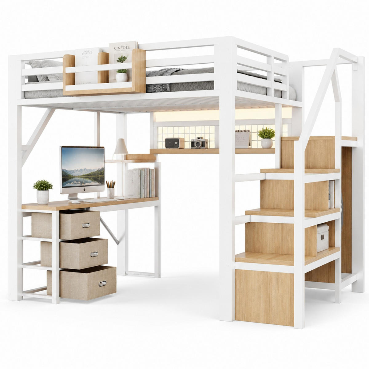 HOCHBETT 140/200 cm Weiß mit Treppenschrank und Schreibtisch - Weiß, Metall (140/200cm) - MIVRAY