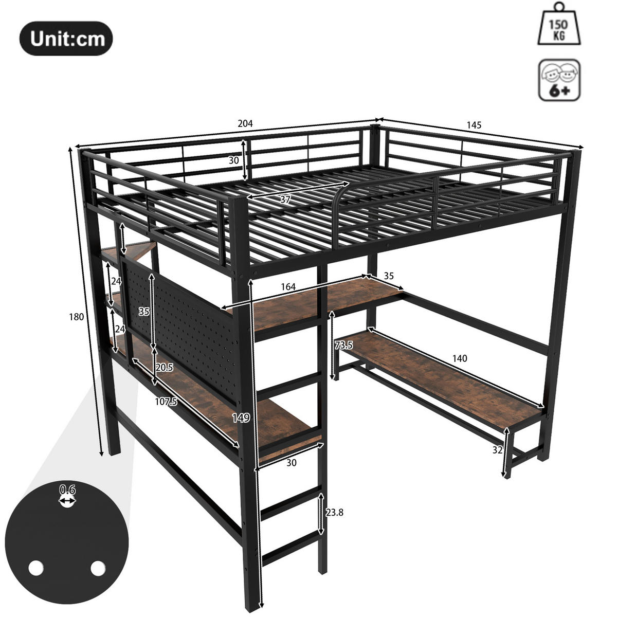 HOCHBETT 140/200 cm, Schwarz mit Schreibtisch, LED und USB-C - Schwarz, Metall (140/200cm) - MIVRAY