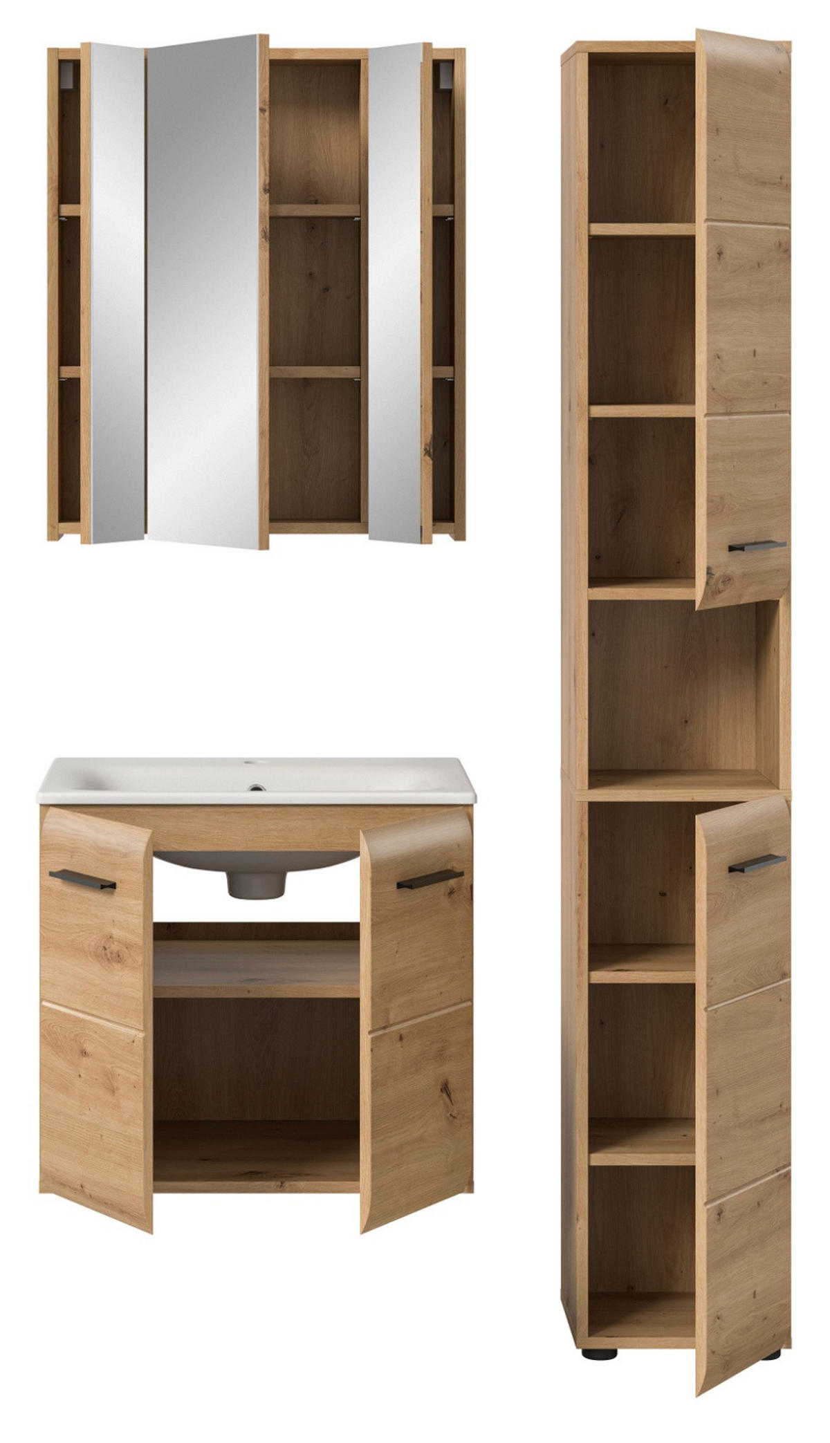 BADMÖBEL-SET 3-teilig Eiche Artisan, Badkombination 105 cm mit Waschbecken, Cover - Schwarz/Eiche Artisan, Glas/Keramik (105/185/46cm) - Inn.Furn