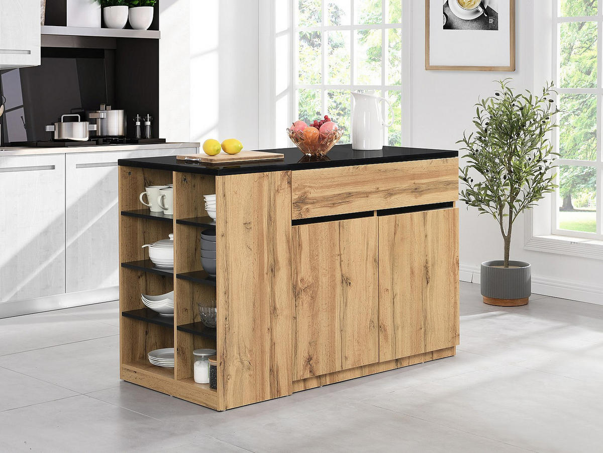 KÜCHENINSEL mit Stauraum - Schwarz & Naturfarben - MEILI - Naturfarben, Holz (130/90/65cm) - Vente-Unique