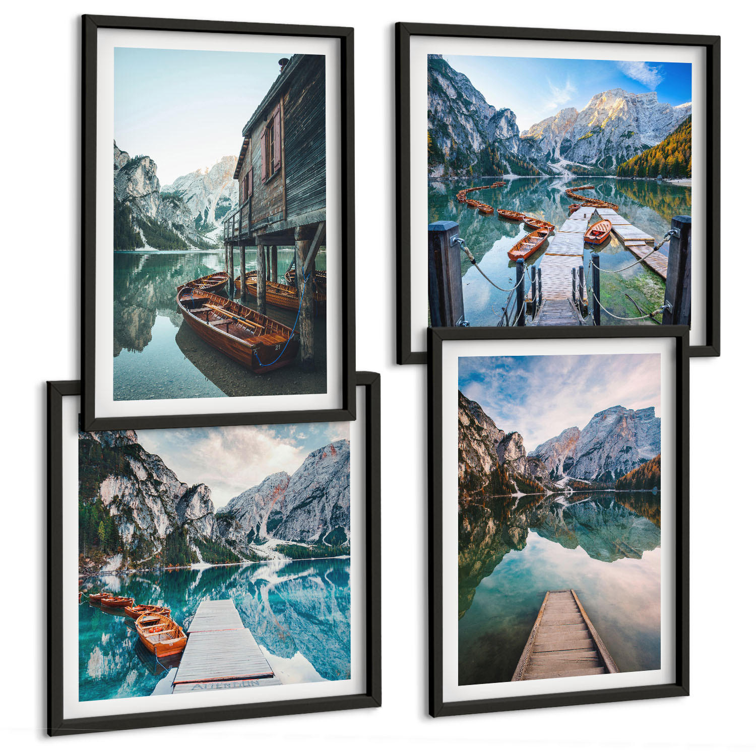 BILDER SET 4er Set - 50x50 cm & 40x60 cm Schwarzer Rahmen - See Berge Holzboote - Schwarz, Kunststoff (50/50cm) - TULUP