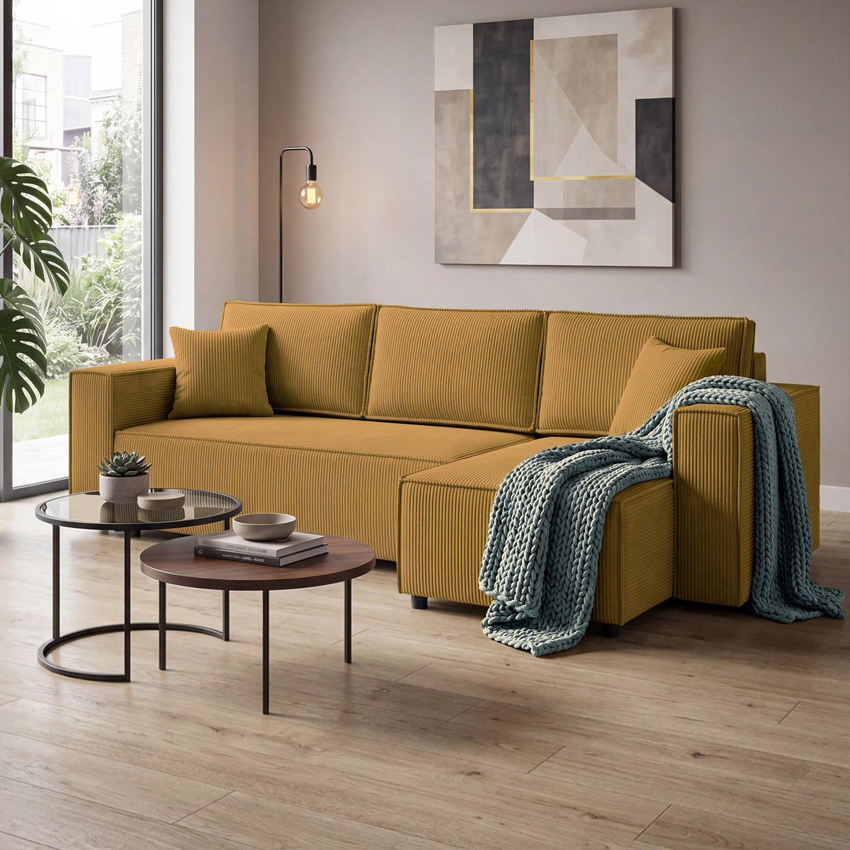 ECKSCHLAFSOFA Neapol mit Bettkasten, 255 cm, Cord-Stoff, Gelb - Gelb/Schwarz, Textil (256/148cm) - Beautysofa