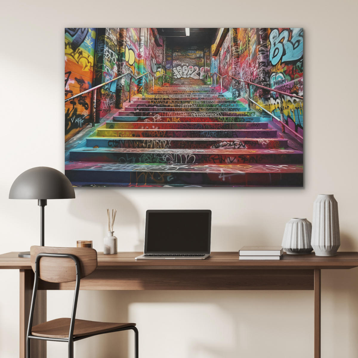 AKUSTIKPANEEL Treppe - Graffiti - Farben - Kunst 100x70 cm - Multicolor, Textil (100/0.9/70cm) - MuchoWow