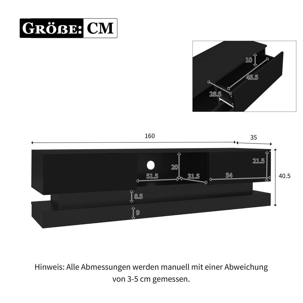 TV-LOWBOARD Led Schwarz 160/35/40.5 cm - Schwarz, Holz (160/40.5/35cm) - PANGIVO