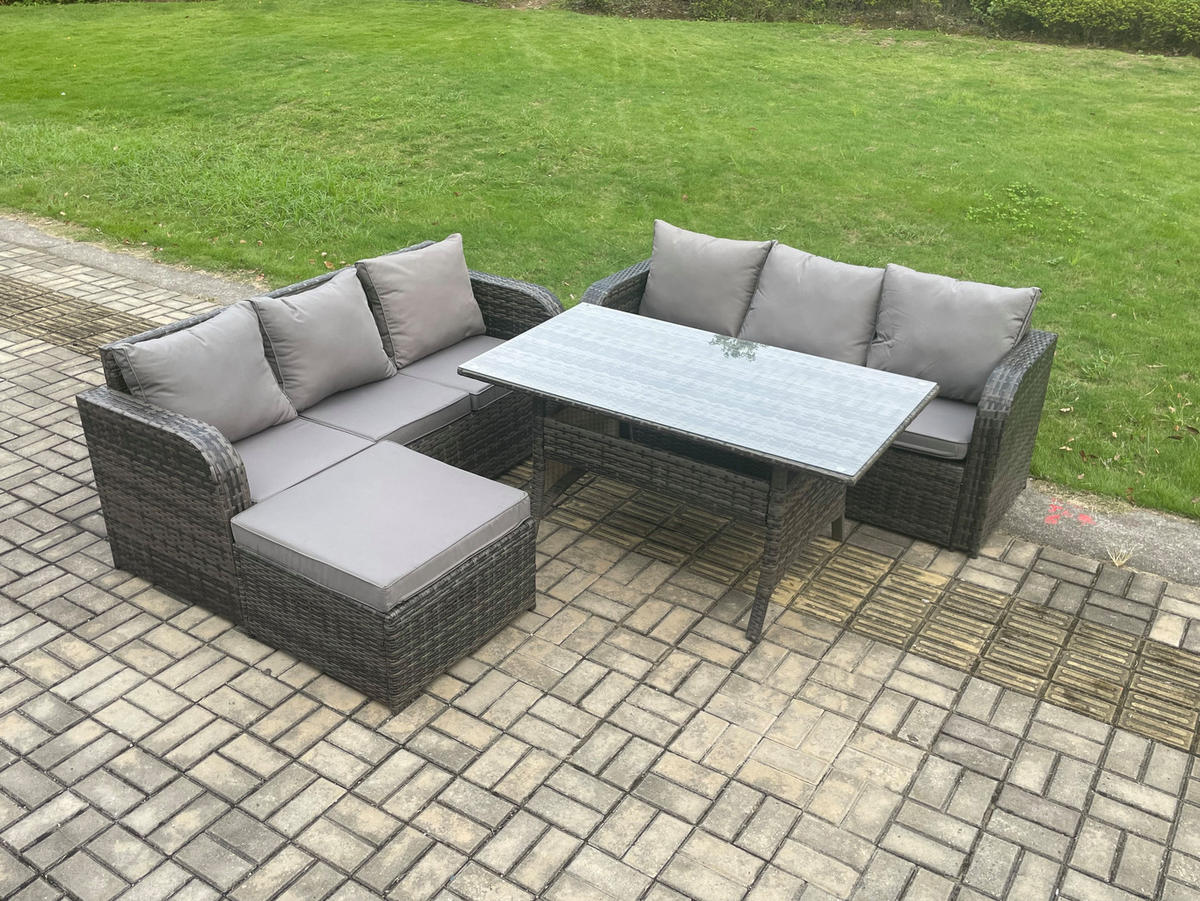 GARTENTISCHGRUPPE mit Beistelltisch Polyrattan Dunkelgrau 7-Sitzer - Dunkelgrau/Grau, Glas/Kunststoff - Fimous