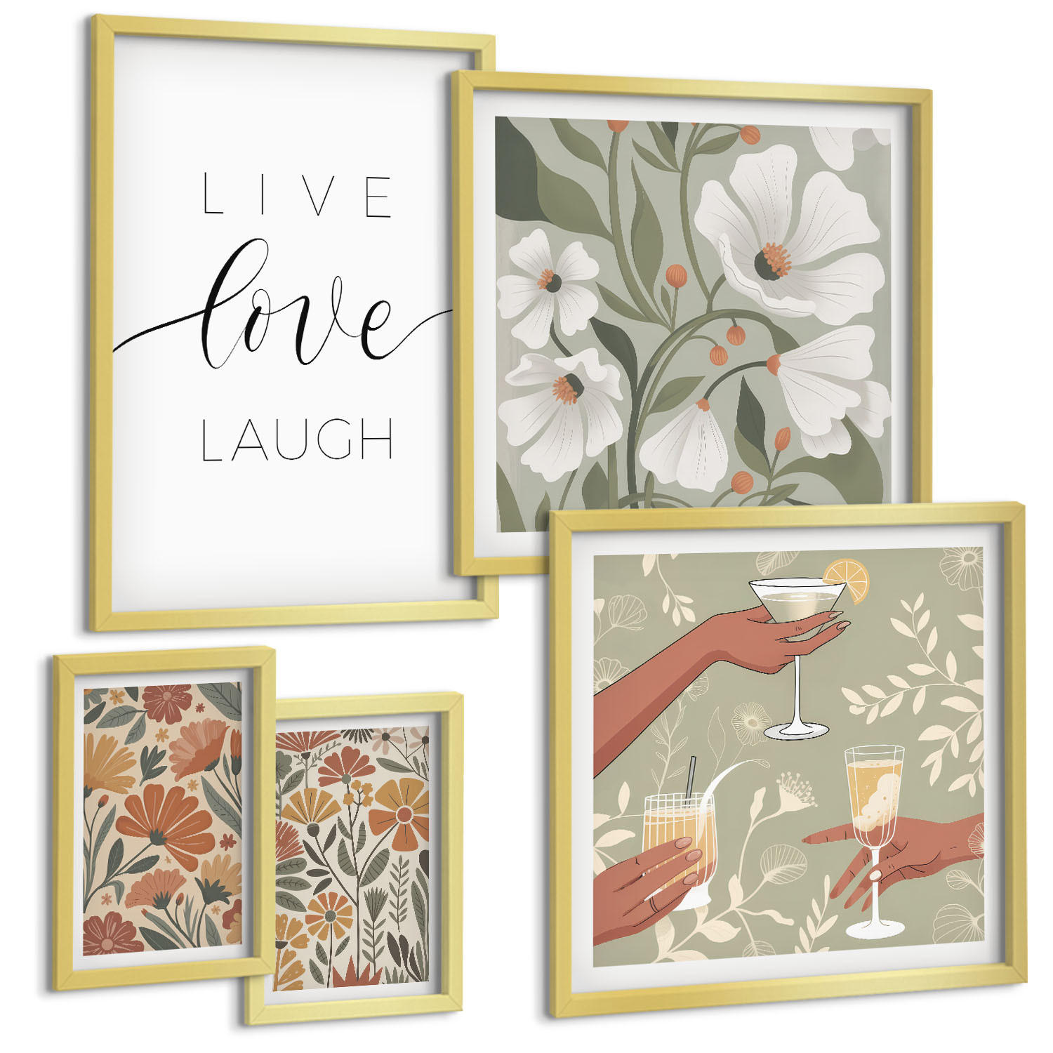 BILDER SET 5er Set - 50x50 cm & 20x30 cm & 40x60 cm Goldrahmen - Boho-Pflanzenmuster - Goldfarben, Kunststoff (40/60cm) - TULUP