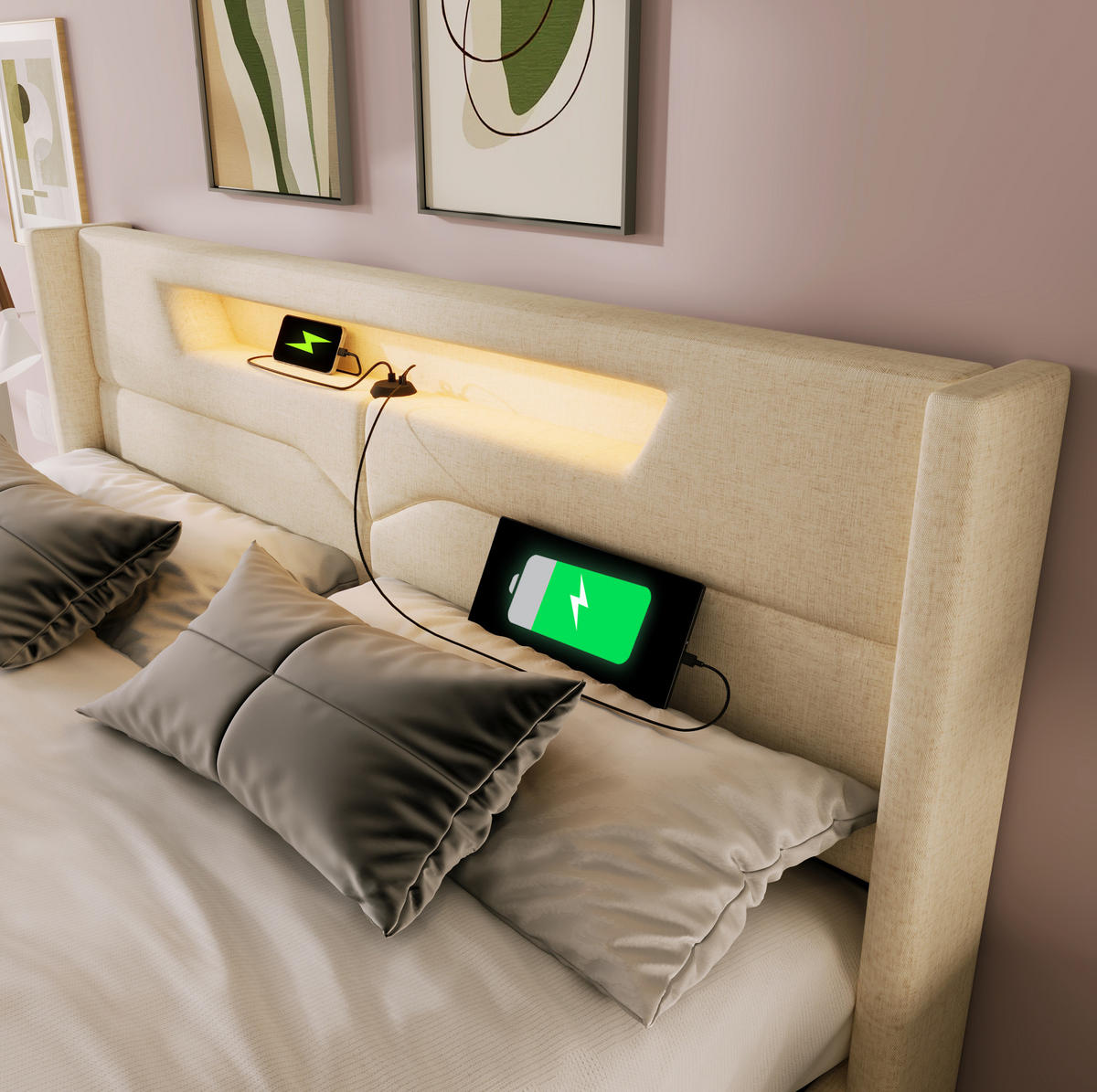 POLSTERBETT 140/200 cm Beige aus Leinen mit LED-Beleuchtung und USB-Anschluss - Beige, Textil (140/200cm) - OKMYHOME