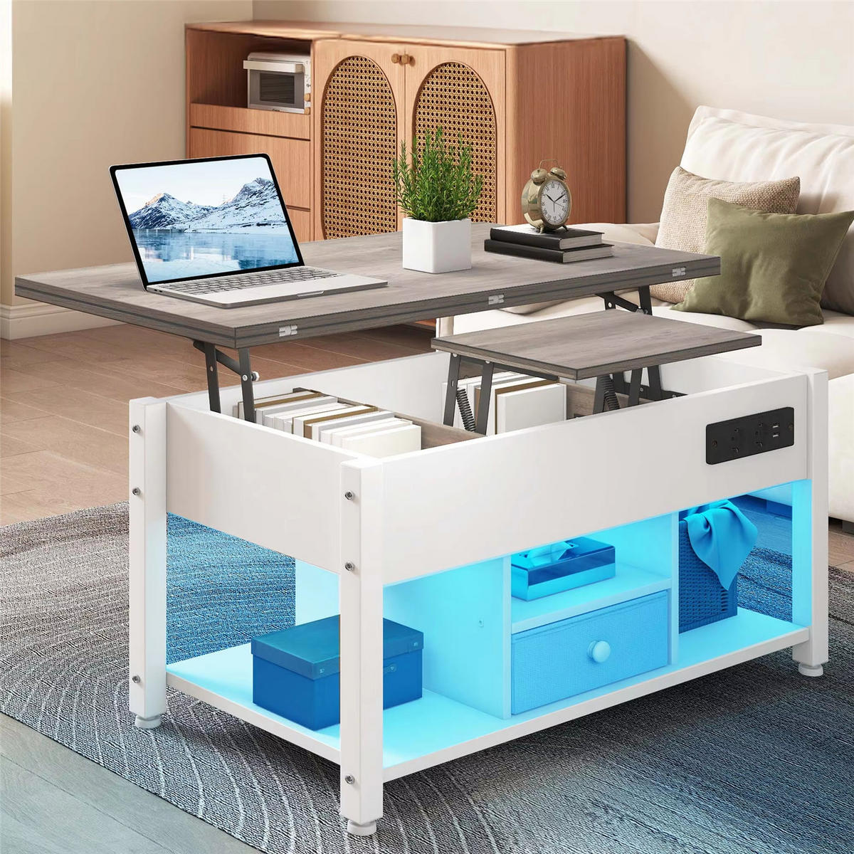 COUCHTISCH 4-in-1 höhenverstellbar LED Stauraum Weiß/Grau - Weiß, Holz (90/47.8/61.7cm) - Kaket