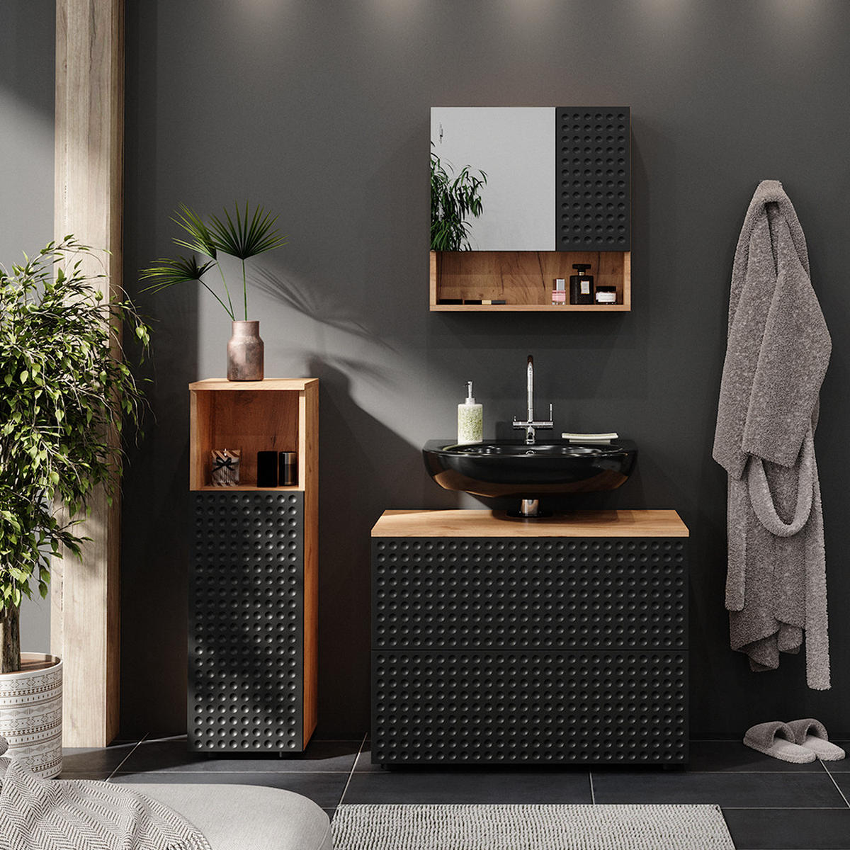 BADMÖBEL-SET Irma Anthrazit gepunktet 3 Teile, mit Midischrank - Anthrazit/Eiche Wotan, Holzwerkstoff (80/58.6/41cm) - Vicco