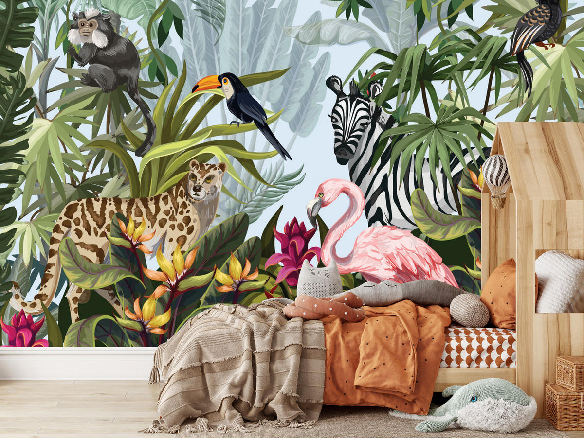 FOTOTAPETE für Kinderzimmer Tropische Pflanzen Tiere Flamingo Rippen 200x140 - Multicolor, Papier (200/140cm) - Muralo