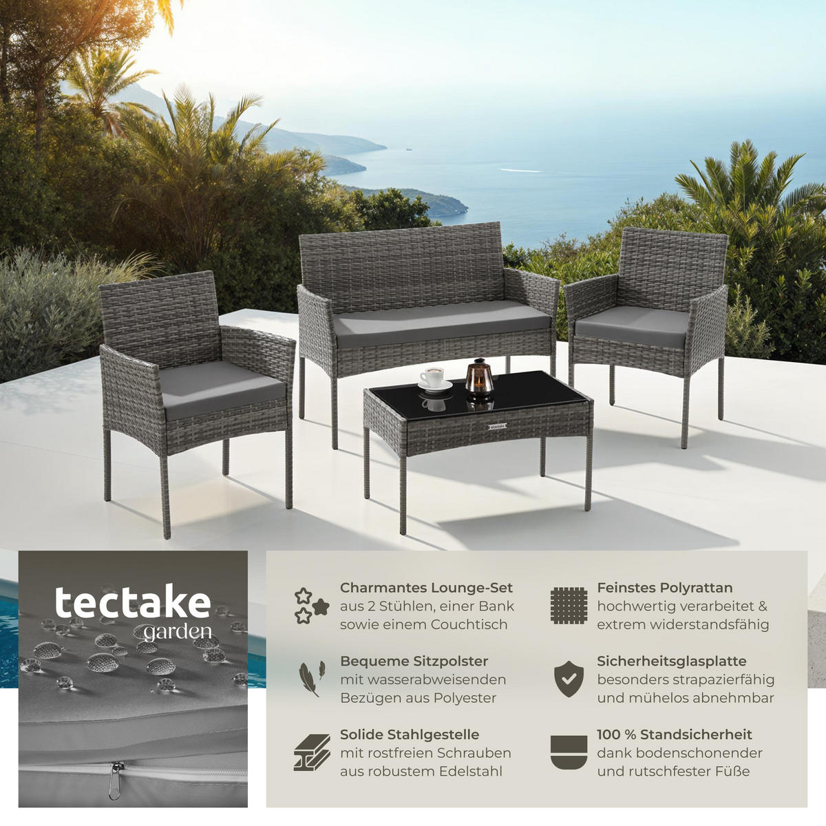 RATTAN GARTENSET Palese,Sofa 250 kg, je Sessel 120 kg,grau - Grau, Kunststoff - tectake
