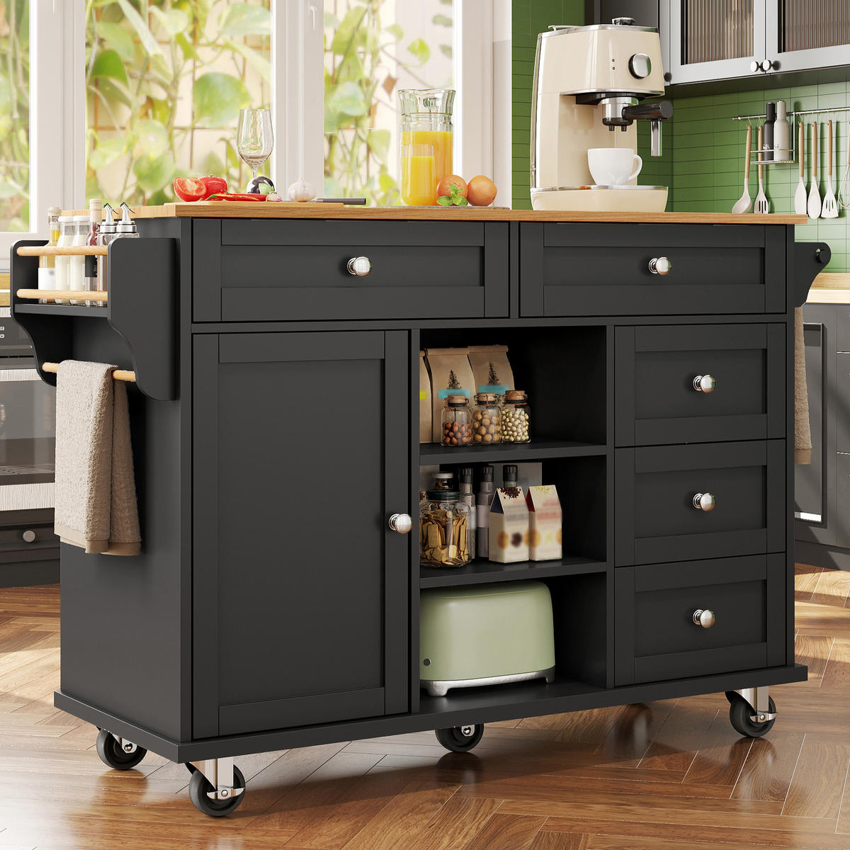 KÜCHENWAGEN mit Rollen 134/46/92 cm Schwarz mit 5 Schubladen, Schrank und Gewürzregal - Schwarz, Holz/Holzwerkstoff (134/92/46cm) - Oxeza