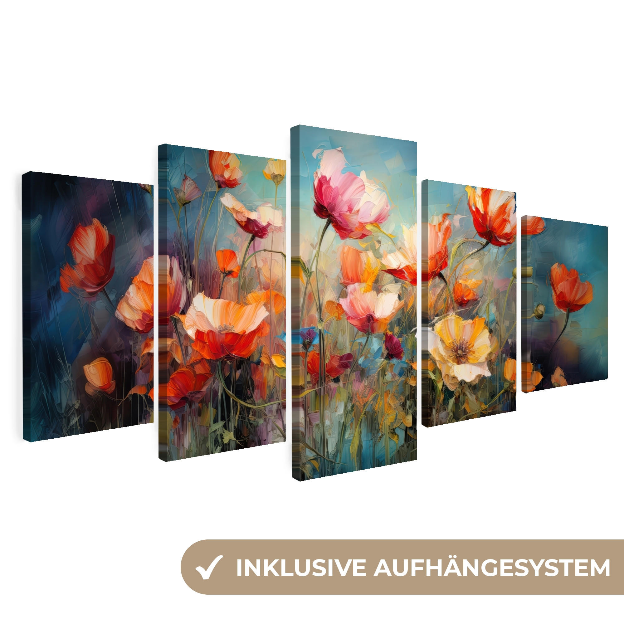 LEINWANDBILD - 5er Set - Blumen - Bunt - Abstrakt - 100x50 - Blaugrau, Textil (100/50cm) - MuchoWow