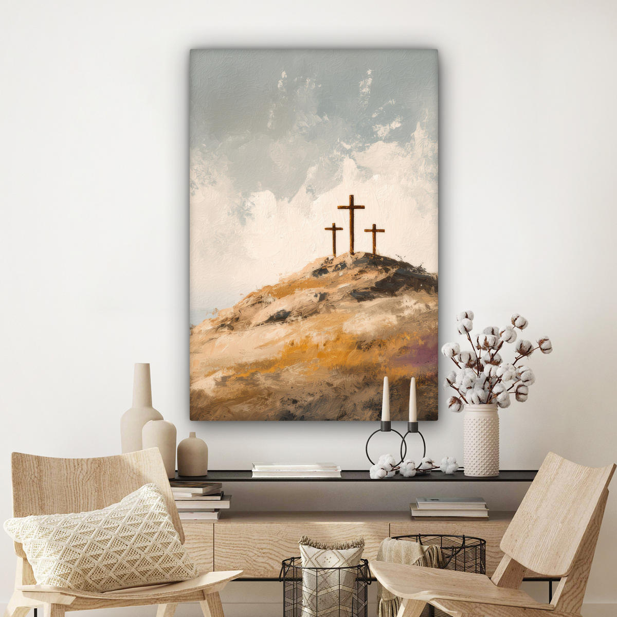 LEINWANDBILD Hügel - Abstrakt - Christentum - Kreuz Deko XXL 80x120 cm - Hellgrau, Textil (80/120cm) - MuchoWow