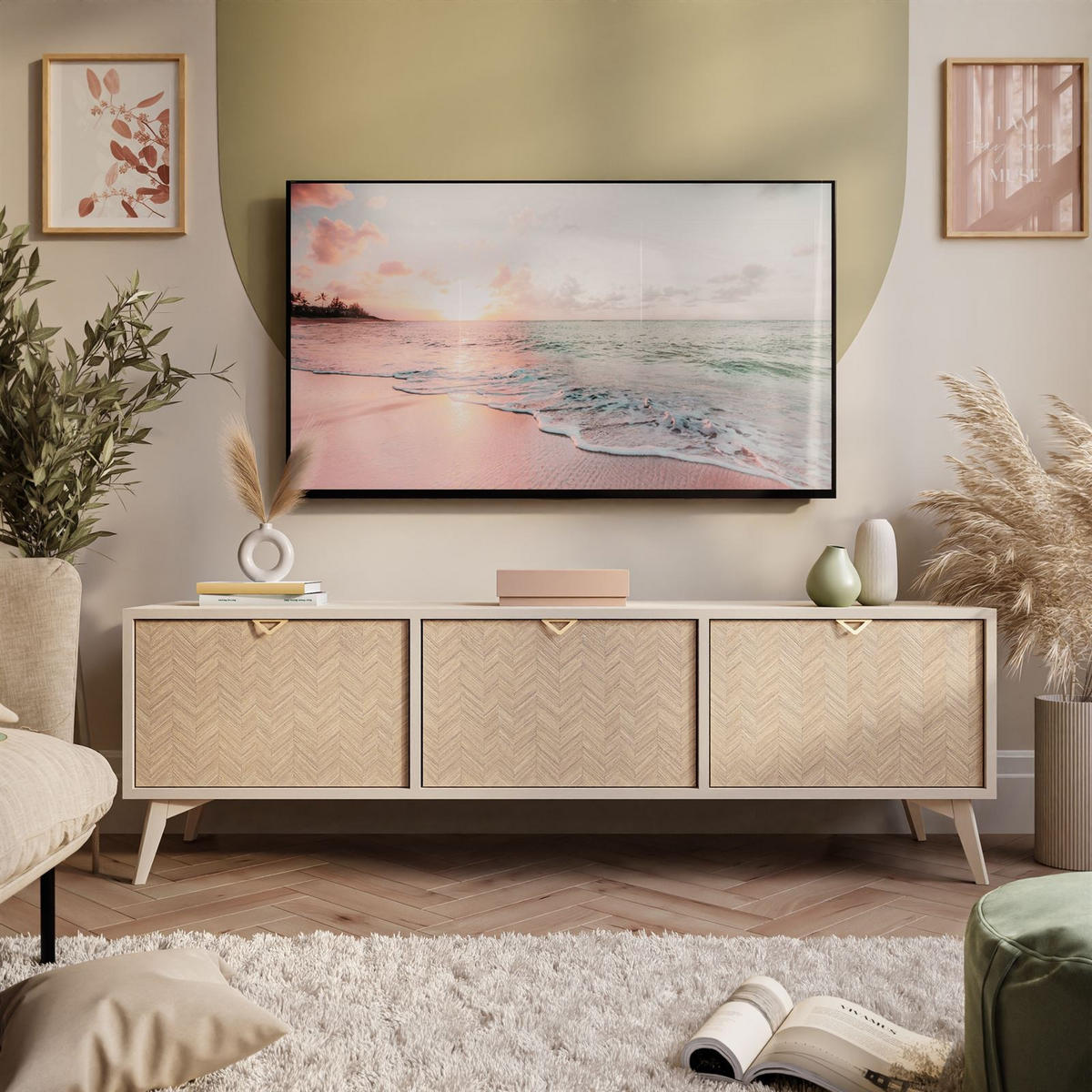 TV Element ALOE Fischgrätenmuster Scandi Sandbeige - Beige, Holzwerkstoff (158/52/38cm) - Lookway