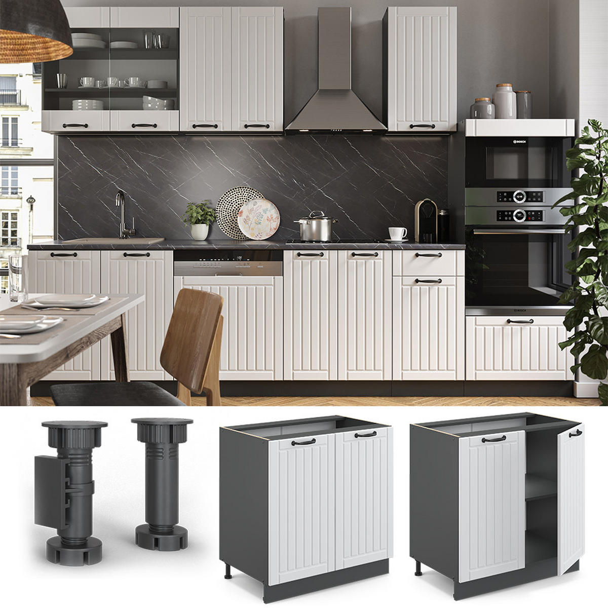 SPÜLENUNTERSCHRANK Fame-Line Weiß Landhaus 80 cm mit Regal, AP Marmor - Anthrazit/Creme, Holzwerkstoff (80/82/60cm) - Vicco