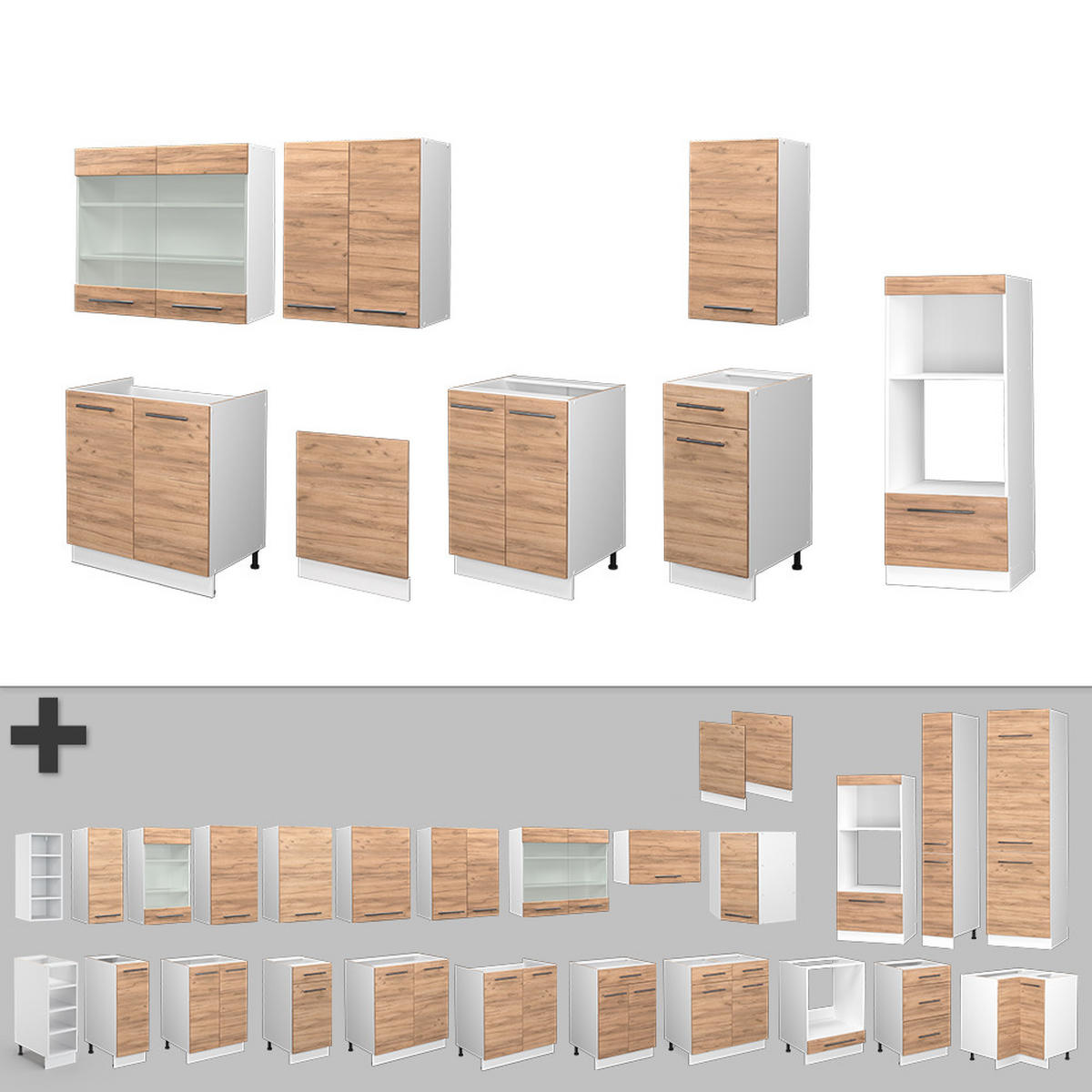 KÜCHENZEILE Fame-Line Goldkraft Eiche/Weiß 300 cm mit Hochschrank ohne AP - Eiche Wotan/Weiß, Holzwerkstoff (300/81.6/46cm) - Vicco