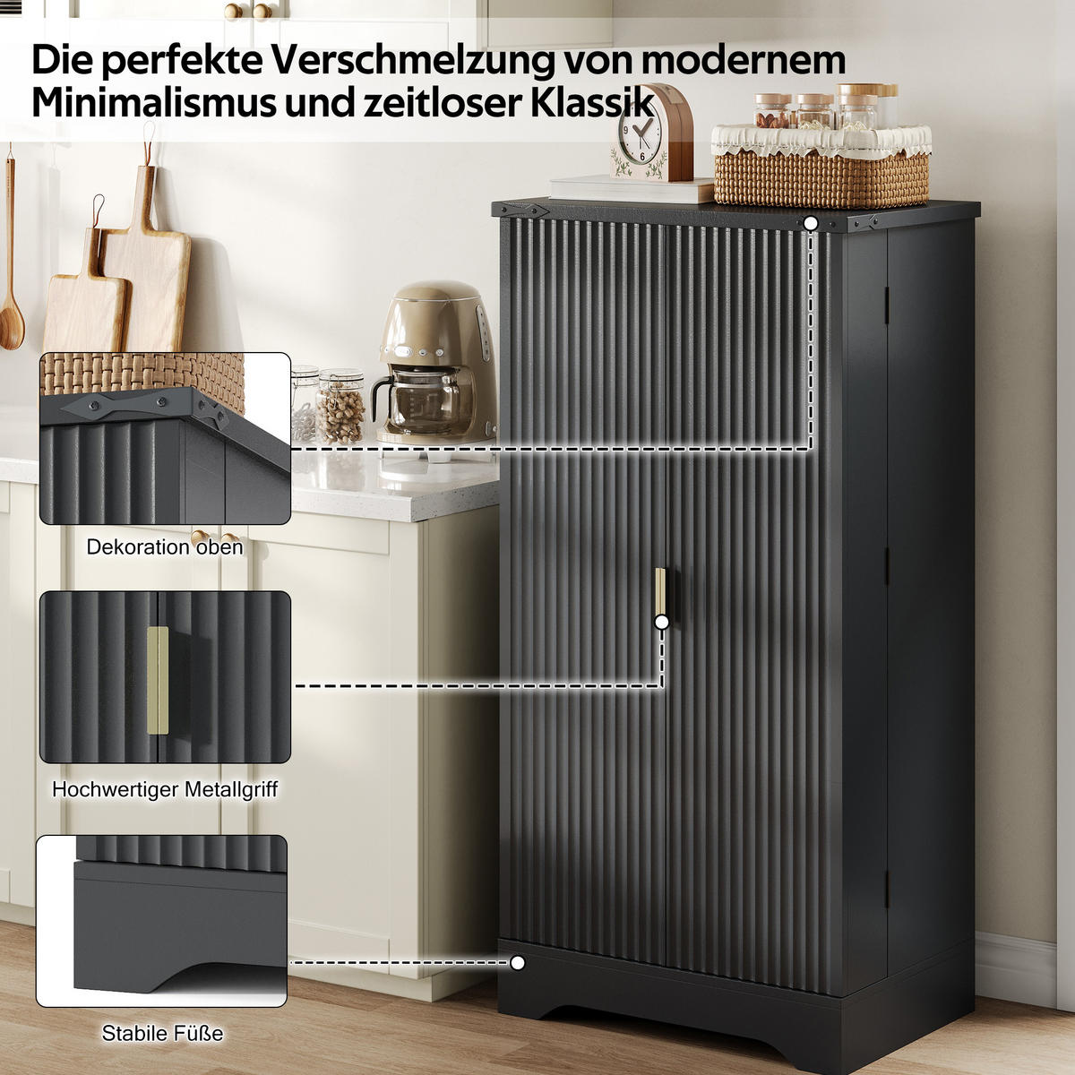 GESCHIRRSCHRANK 60.5/40/120 cm Schwarz mit LED-Sensorlicht und Gewürzregal - Schwarz, Holz (60.5/120/40cm) - Oxeza