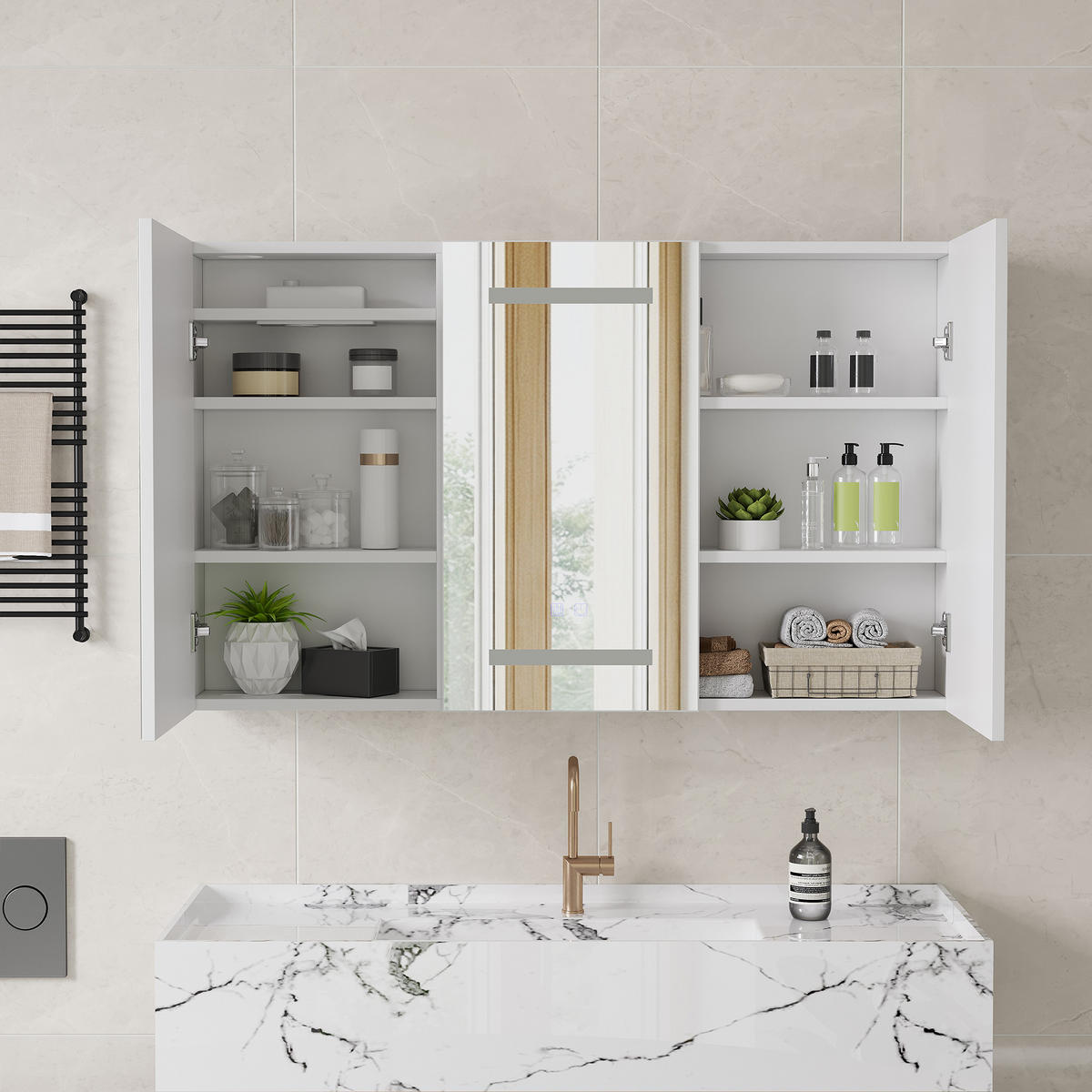 SPIEGELSCHRANK 3-türig LED mit Steckdose Antibeschlag Badschrank 100cm - Weiß, Glas (100.4/60/13.5cm)