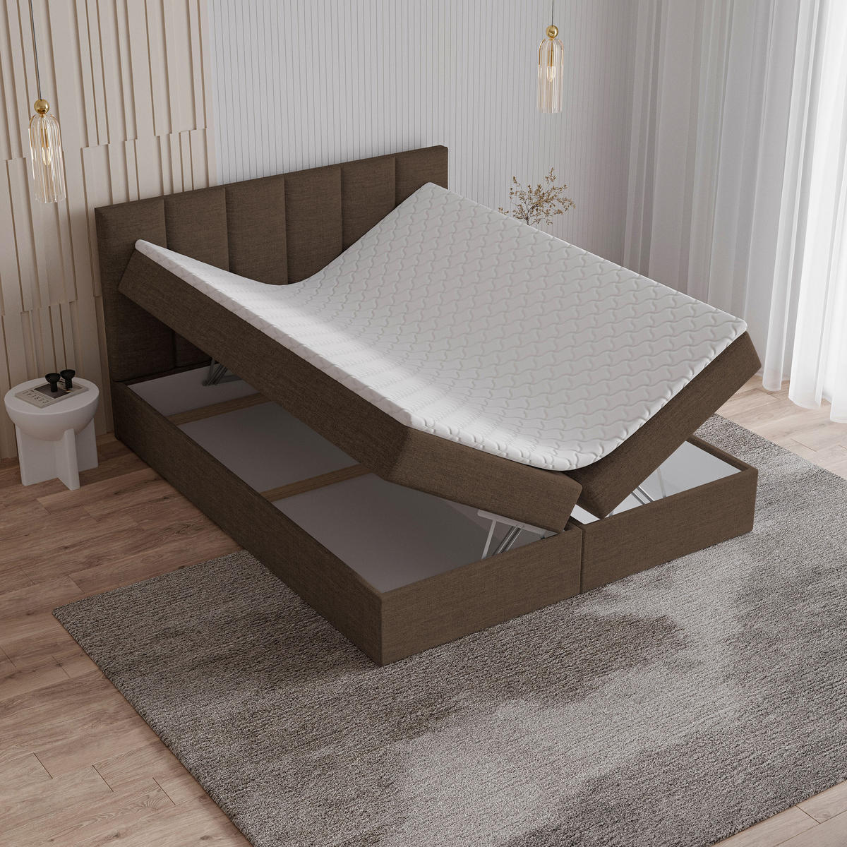 BOXBETT MERIL 160x200 cm mit Matratze und Topper - Braun - Braun, Holz (160/200cm) - MASSENO