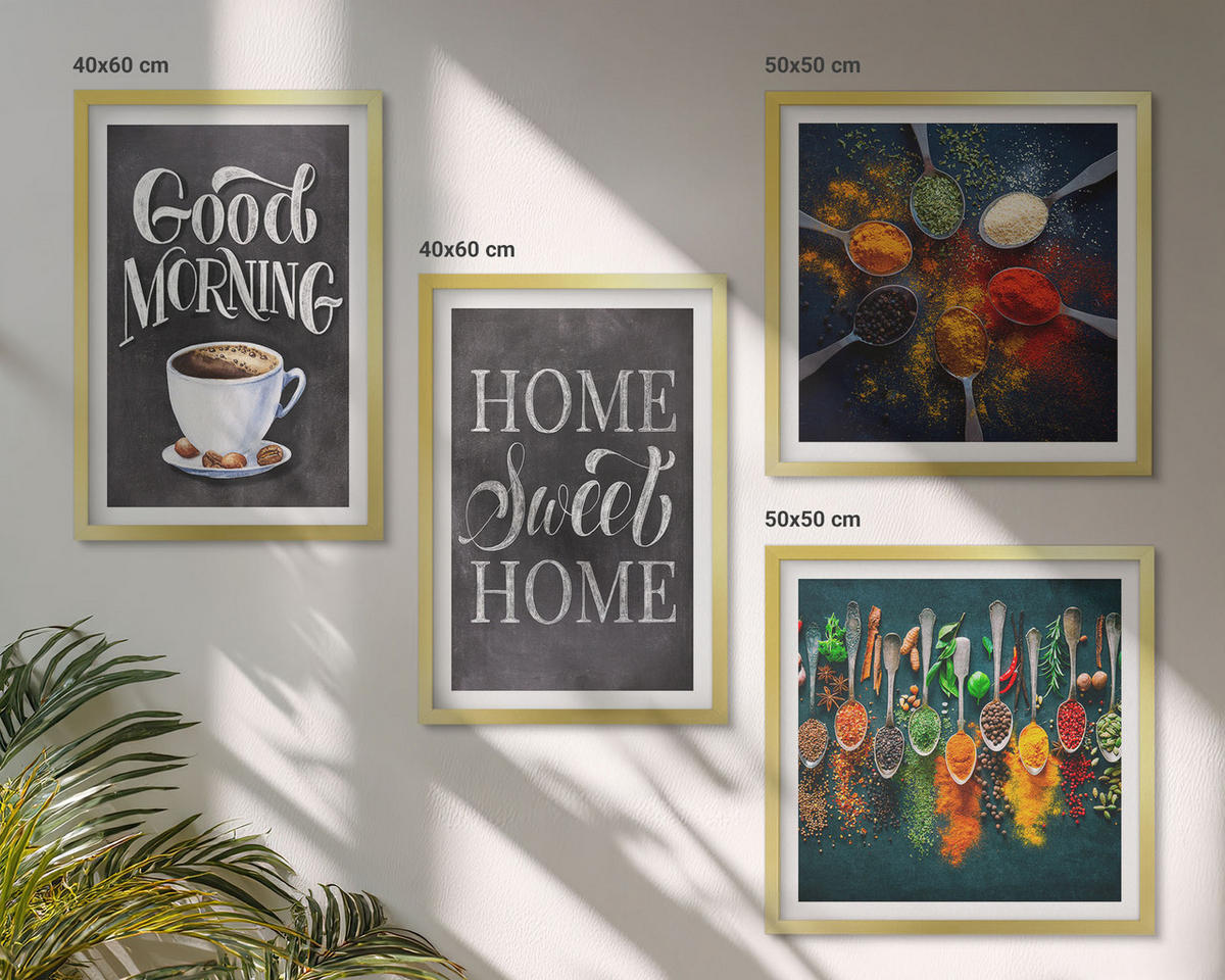 BILDER SET 4er Set - 50x50 cm & 40x60 cm Goldrahmen - Gewürze, Kaffee, Tasse, Kräuter - Goldfarben, Kunststoff (50/50cm) - TULUP