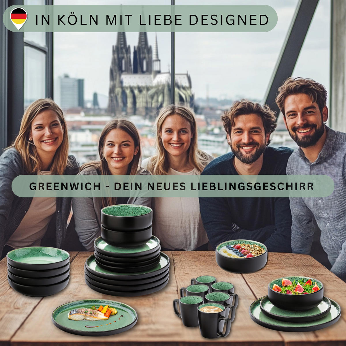SCHALEN SET GREENWICH - 6 teilig aus Steingut - Grün, Stein (16.3/16.3/6.3cm) - Sänger