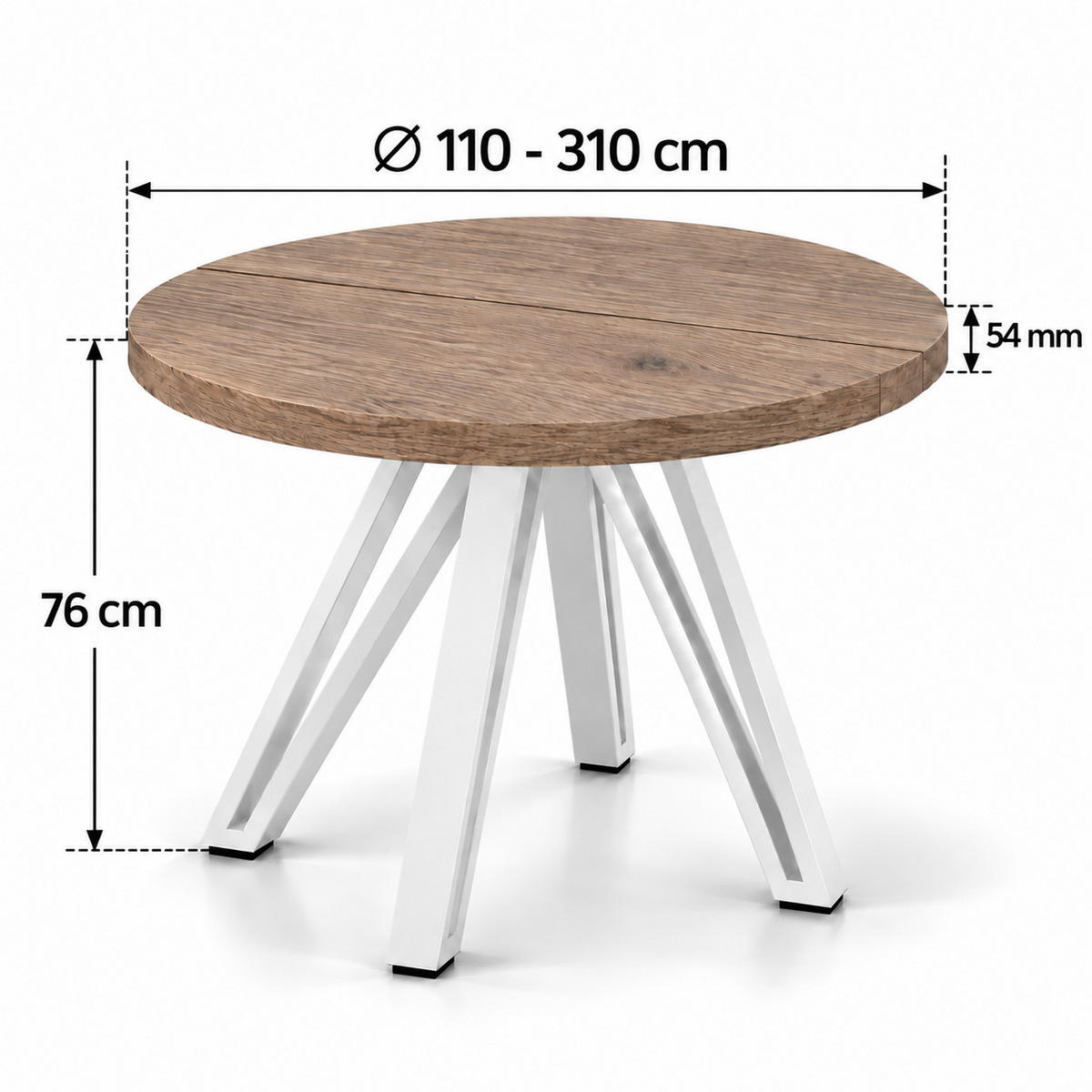 ESSTISCH rund ausziehbar 110/310/76 cm, Graubraun Eiche Halifax Egger, 54 cm Tischplatte + Industrial Metallgestell Weiß - Eichefarben/Graubraun, Holzwerkstoff/Metall (110/310/76cm) - Damale Möbel