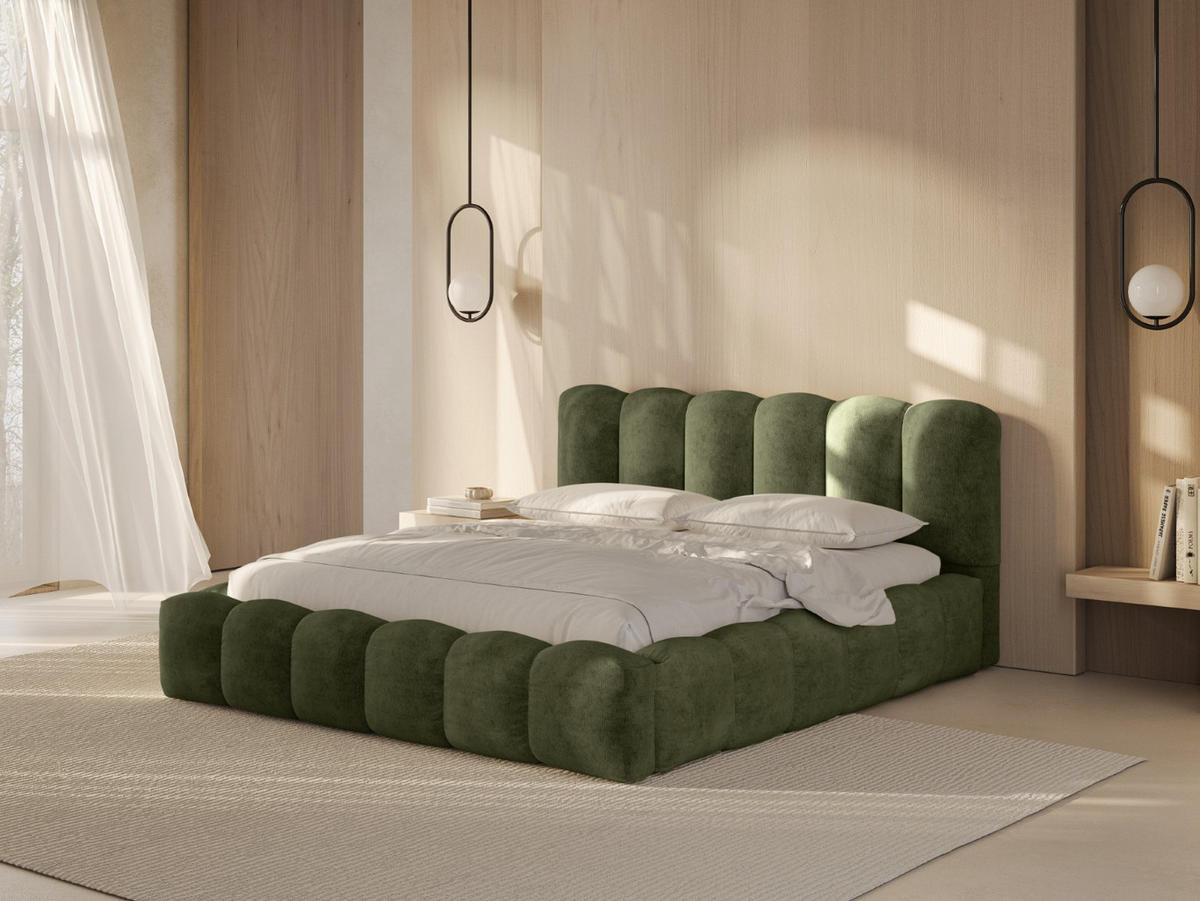 BETT mit Bettkasten und Kopfteil Lupine aus Chenille-Stoff hellgrün 160x200cm - Hellgrün, Textil (160/200cm) - Micadoni