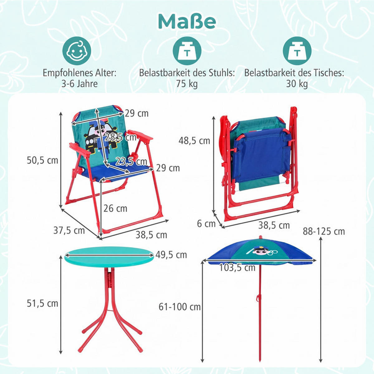 KINDER-SITZGRUPPE mit Sonnenschirm grün(4-tlg) - Grün, Metall - COSTWAY