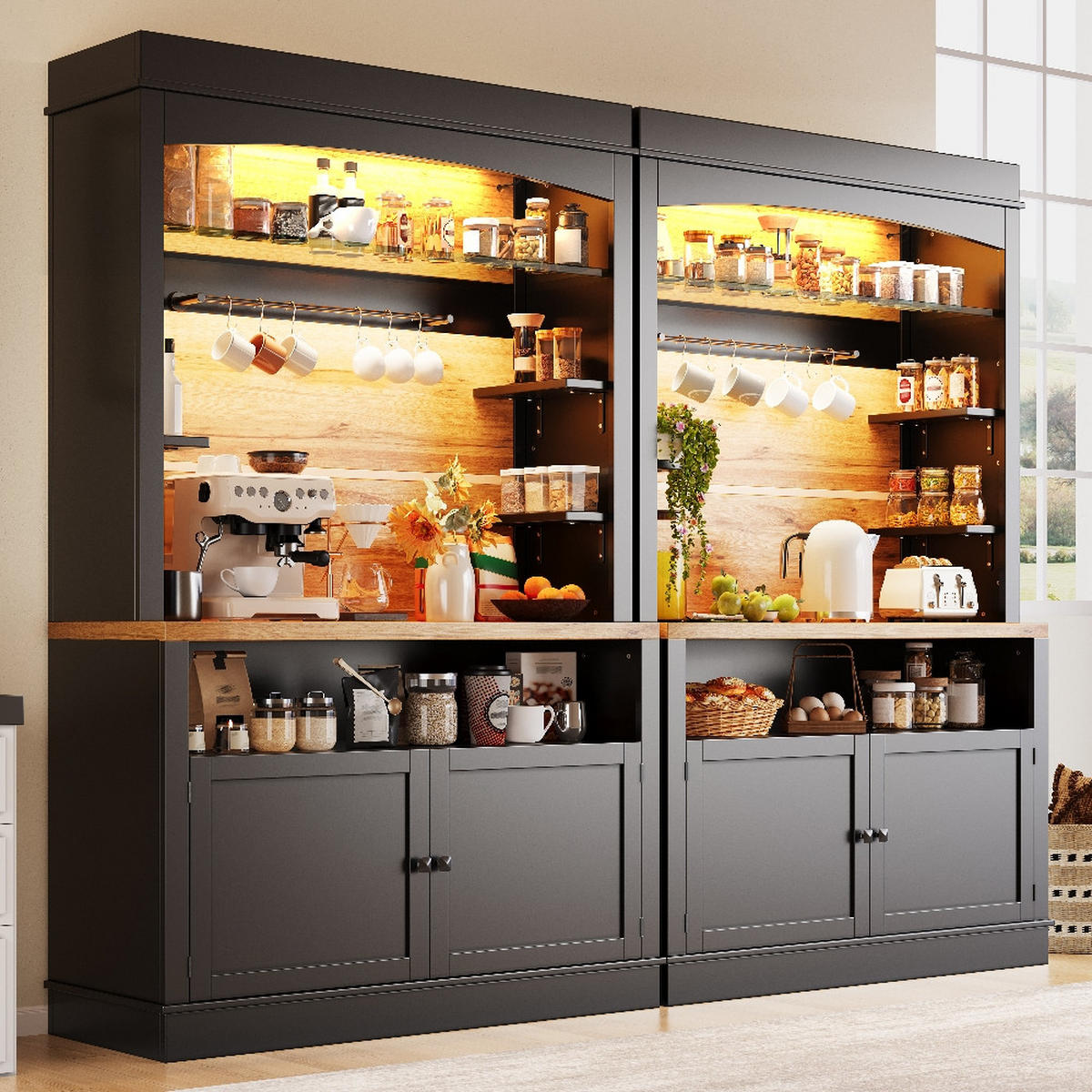 KÜCHENSCHRANK MIT LED-BELEUCHTUNG, Anrichte, MDF, Schwarz, 107/184/43 cm - Schwarz, Kunststoff (47/104/184cm) - Rolipo