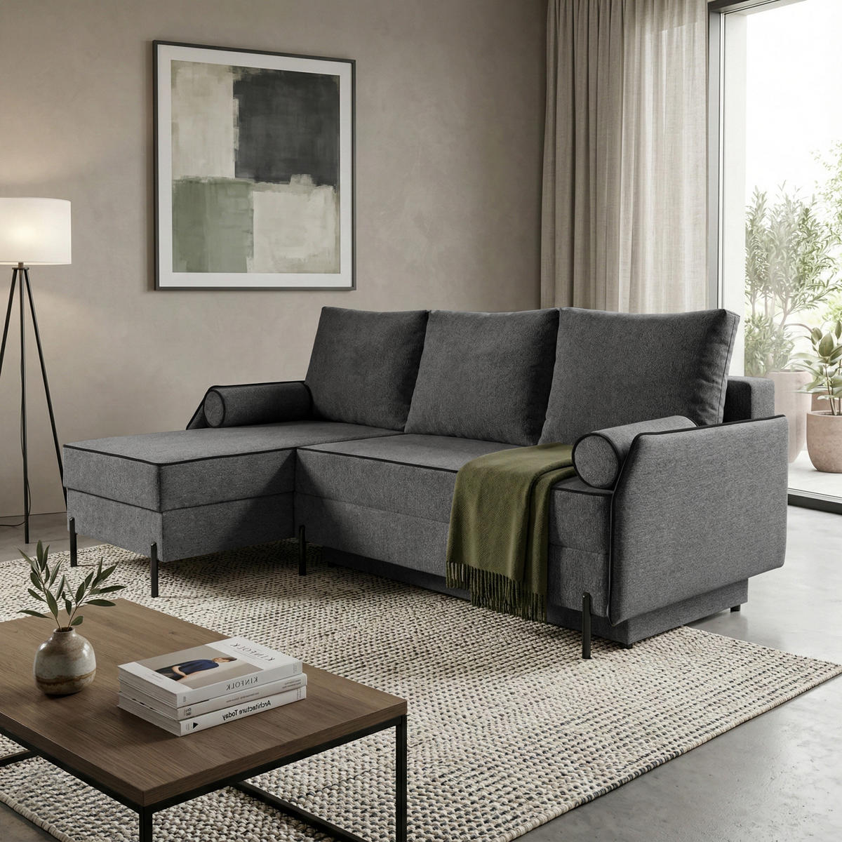 ECKSCHLAFSOFA Livio mit Schlaffunktion und universeller Ottomane, Grau - Grau, Textil (213/155cm) - Beautysofa