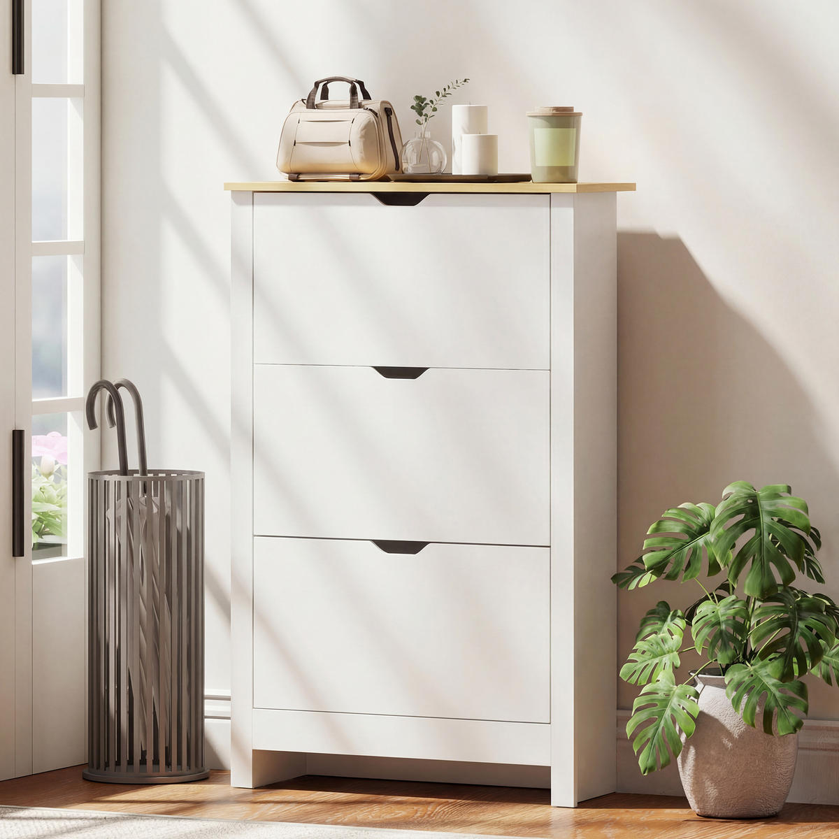 SCHUHSCHRANK DE-09795 3 Fächer für 18 Paar Schuhe Weiß + Braun - Weiß, Holzwerkstoff (72/112/26cm) - ComfortXL