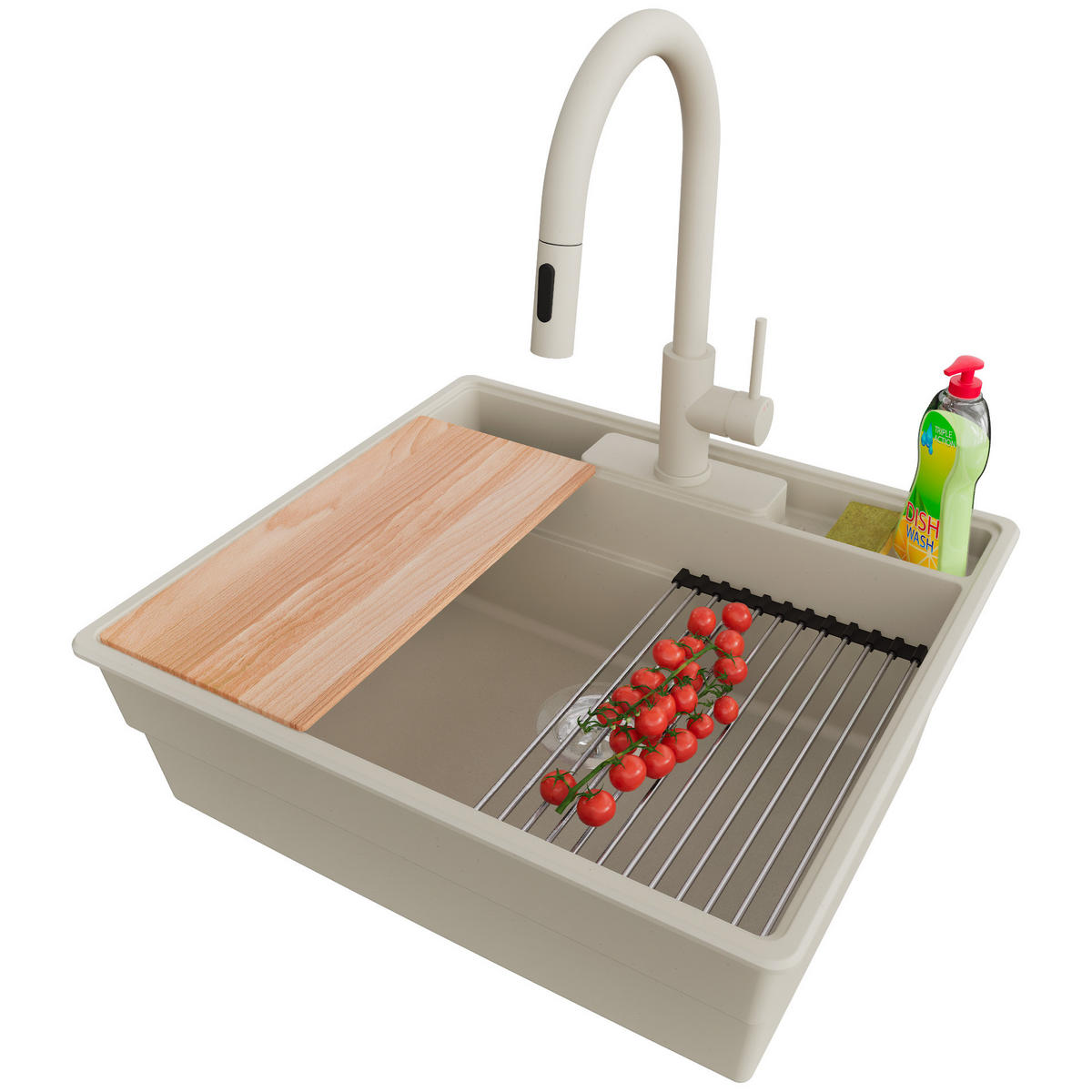 GRANITSPÜLE New York, 2-er set Beige 58/53 cm 1 Becken + Küchenarmatur 40/20 cm + Ablauf-Set + Küchenzubehörset ab 60er Unterschrank - Chromfarben/Beige, Kunststoff (58/20/53cm) - Primagran