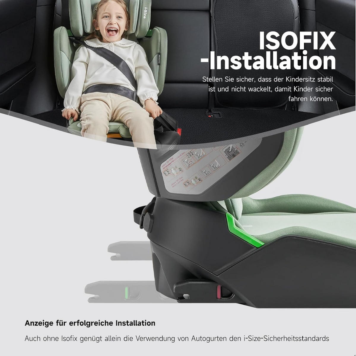 AUTOKINDERSITZ Faltbarer ISOFIX i-Size R129 verstellbare Rückenlehne - Grün, Textil (53/78/47cm) - BEXEVUE