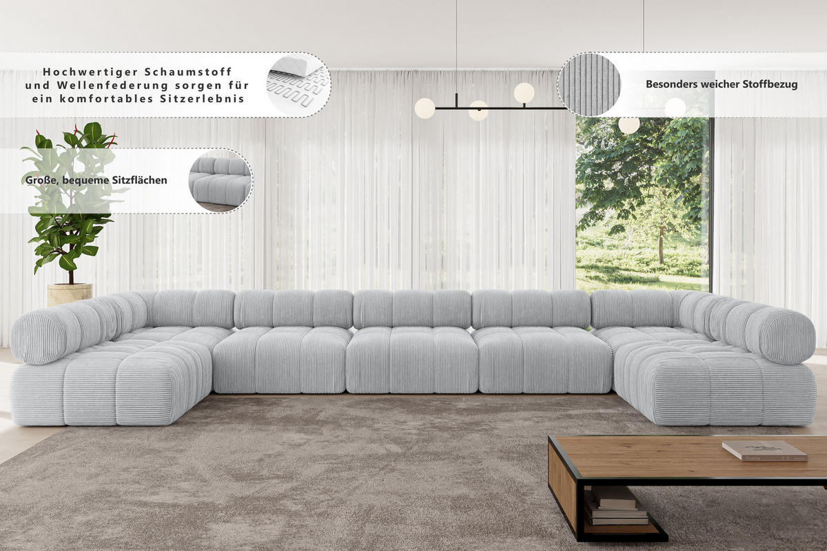 WOHNLANDSCHAFT modulares Sofa Garvo-U3 - 475x190x70 cm Grün Bouclé - Grün, Holzwerkstoff/Textil (475/70/190cm) - ALTDECOR