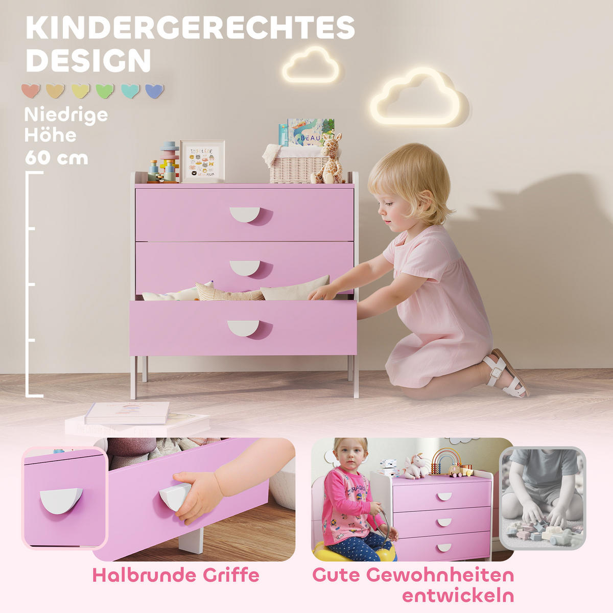 SPIELZEUGSCHRANK für Kinder, Kommode mit 3 Schubladen, Rosa+Weiß - Weiß/Rosa, Holzwerkstoff (40/60/60cm) - AIYAPLAY