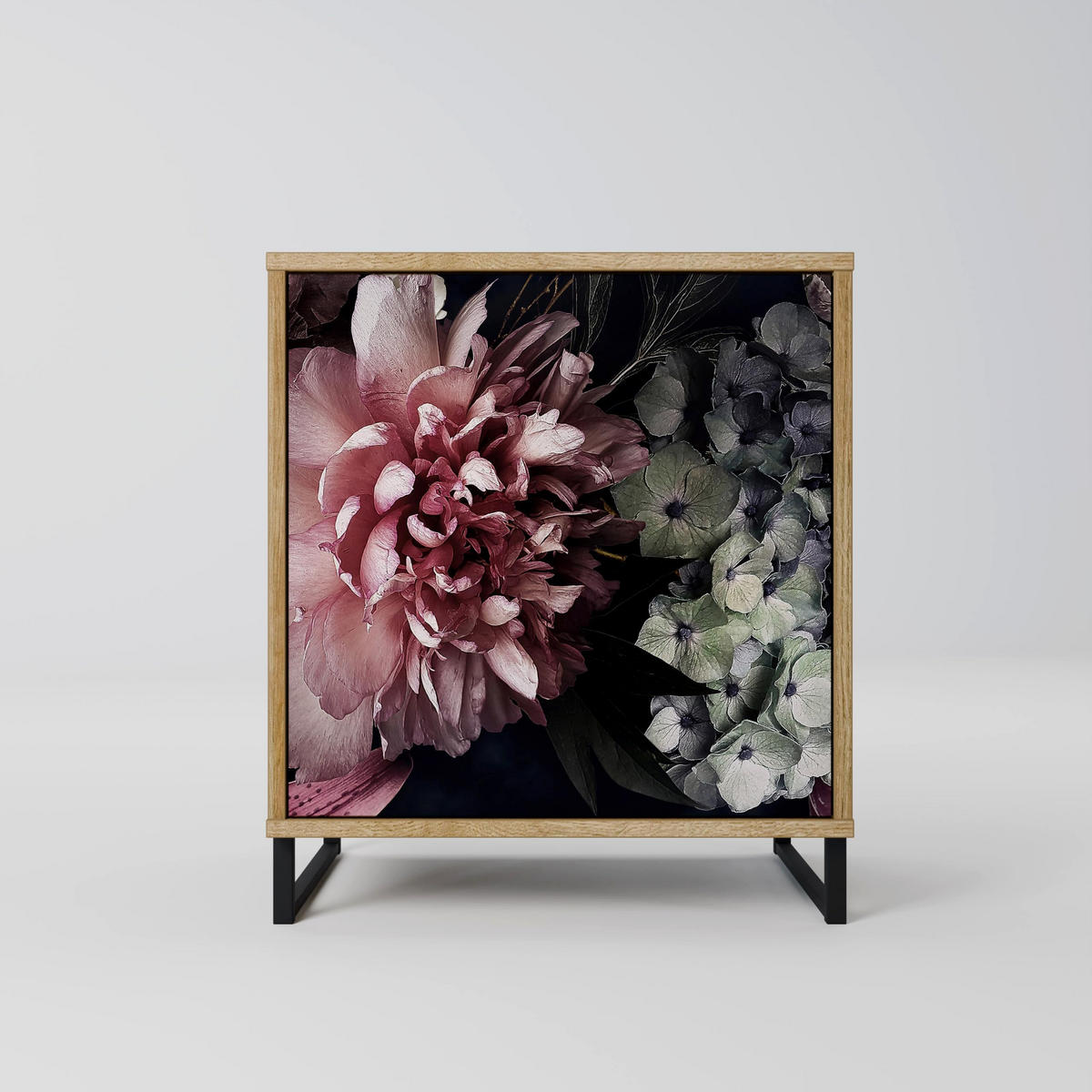 SIDEBOARD PURE BLOSSOM, Eichefarben, 57,5x42x70,5 cm, Schwarze Metall-Sternfüße - Eichefarben/Multicolor, Holzwerkstoff/Metall (57.5/70.5/42cm) - SpaceRebels