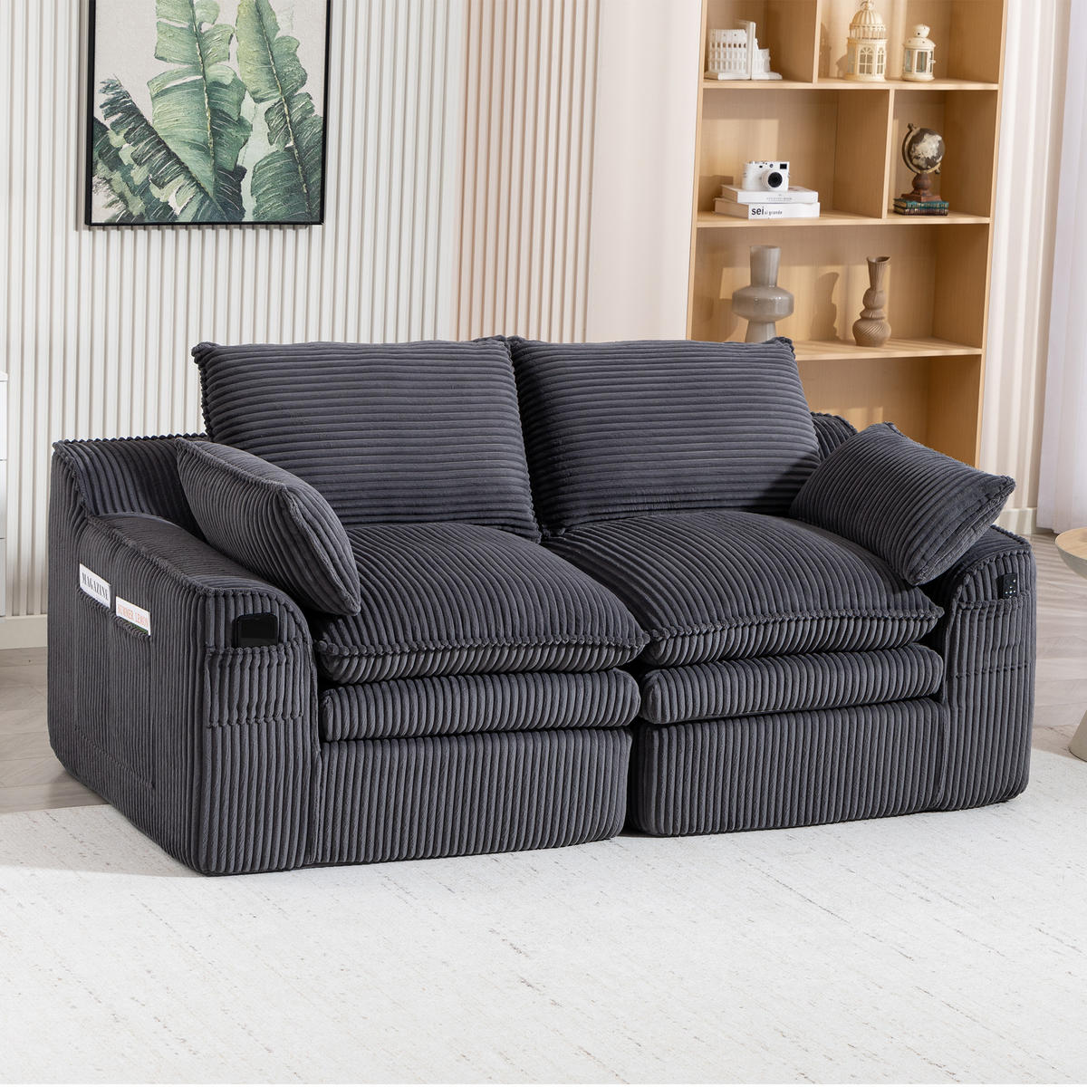 2-SITZER SOFA Cord Dunkelgrau mit Kissen und Seitentaschen - Dunkelgrau, Textil (191/85/94cm) - WISHDOR