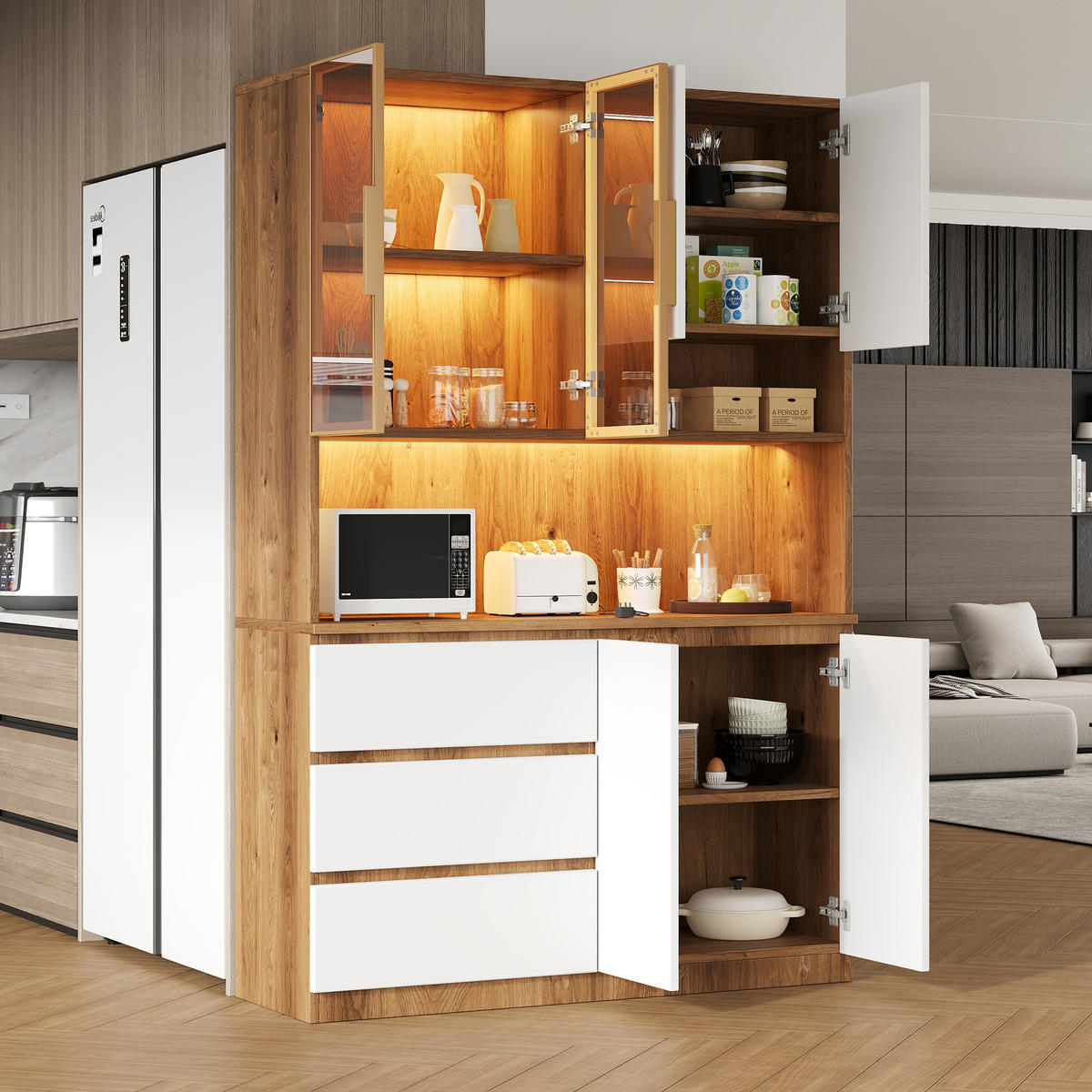 BUFFET SCHRANK LED 6 Türen 3 Schubladen 180cm Weiß - Weiß, Glas (120.5/180/40cm) - FLIEKS