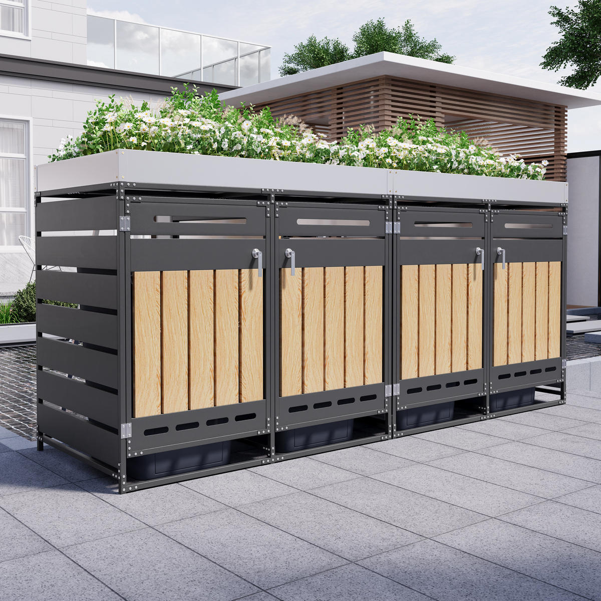 MÜLLTONNENBOX 4er Set Pflanzkasten Holzoptik Schloss - Schwarz, Metall (262/120/79cm) - LEBENLANG