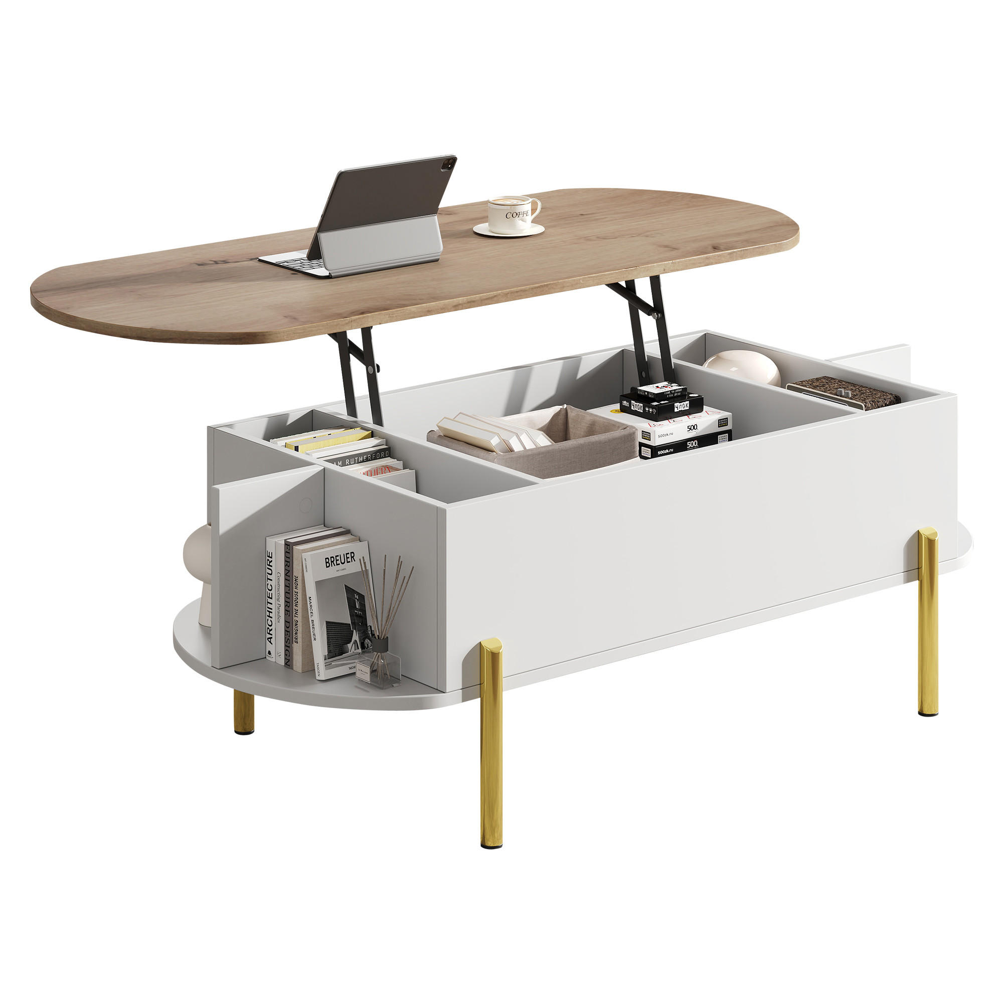 COUCHTISCH 120/50/43 cm höhenverstellbar 57,5 cm MDF Goldbeine Stauraum Weiß modern Wohnzimmer - Goldfarben/Weiß, Holzwerkstoff/Metall (120/50/43cm) - EVRYAE