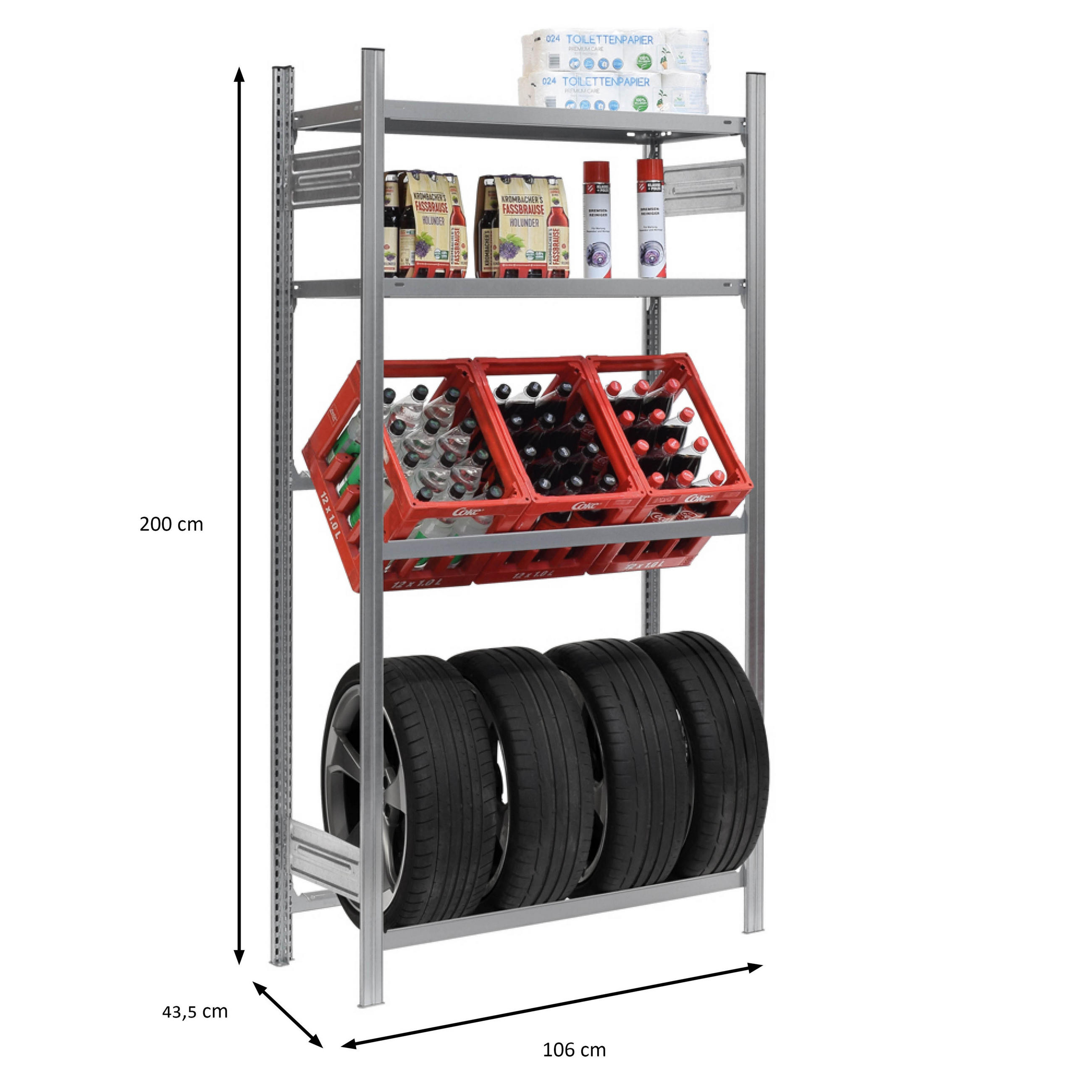 GETRÄNKEKISTEN- & REIFENREGAL Chiemsee TIRE 200x106x43,5cm 3 Kisten auf 1 Ebene + 4 Reifen & 2 Boards Verzinkt - Silberfarben, Metall (106/200/43.5cm) - PROREGAL