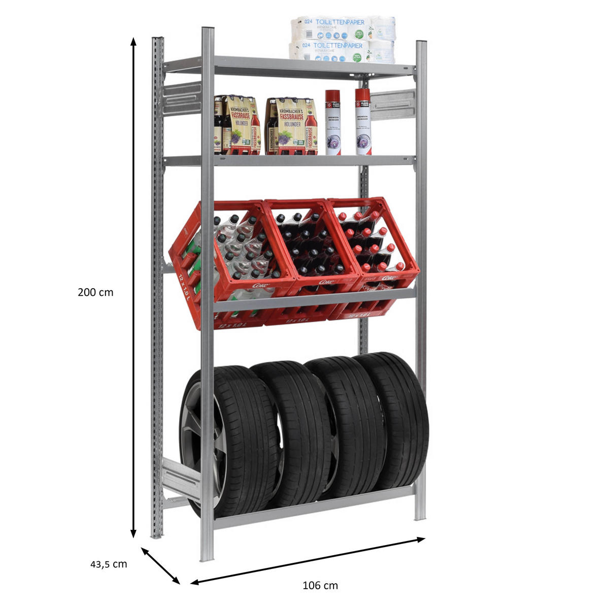 GETRÄNKEKISTEN- & REIFENREGAL Chiemsee TIRE 200x106x43,5cm 3 Kisten auf 1 Ebene + 4 Reifen & 2 Boards Verzinkt - Silberfarben, Metall (106/200/43.5cm) - PROREGAL