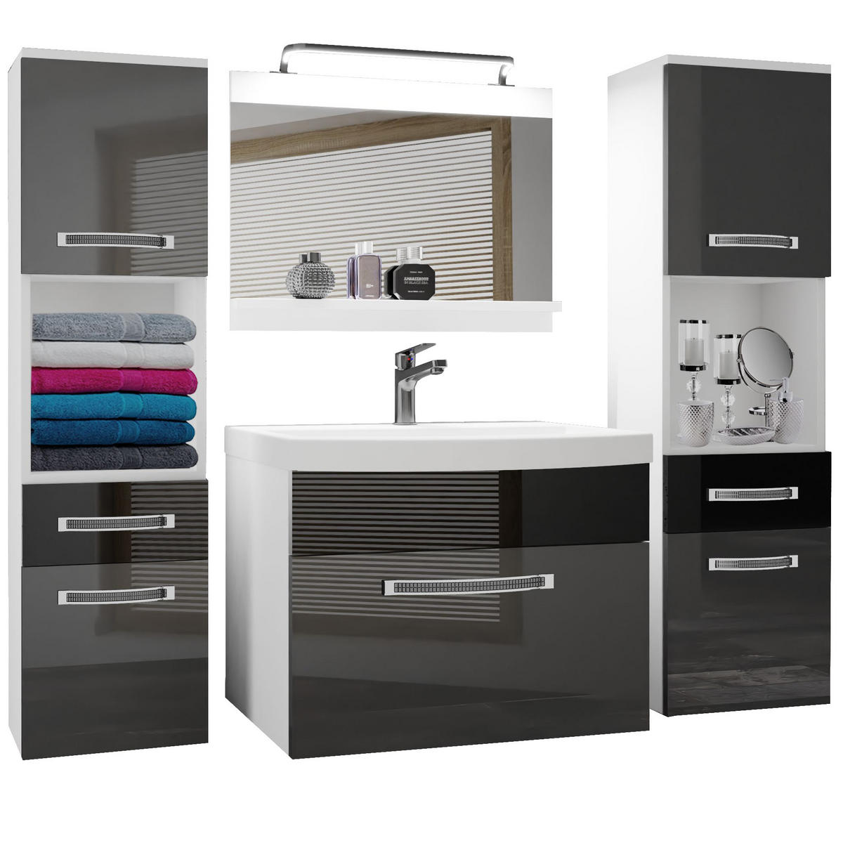 BADMÖBEL Badezimmer Silber Schwarz Glänzend - Silberfarben/Schwarz, Holz (140/113/40cm) - B BELINI GROUP