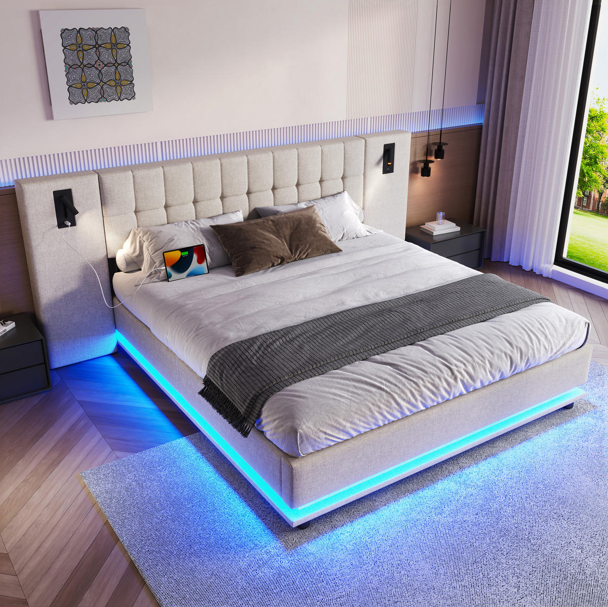 ČALOUNĚNÁ postel 180/200 cm, len, béžová, s LED páskem, USB a lampičkou - béžová, textil (180/200cm) - BEAOK