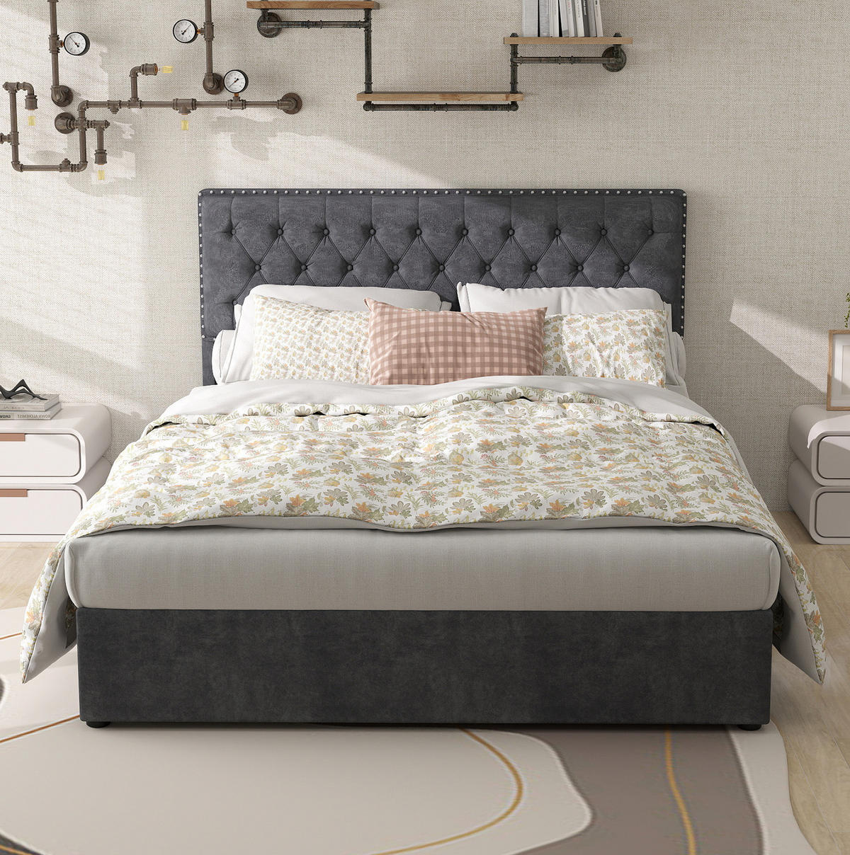 POLSTERBETT 140/200 cm mit hohem Kopfteil, Holzlattenrost und Stauraum unter dem Bett, Grau - Grau, Textil (140/200cm) - Redom