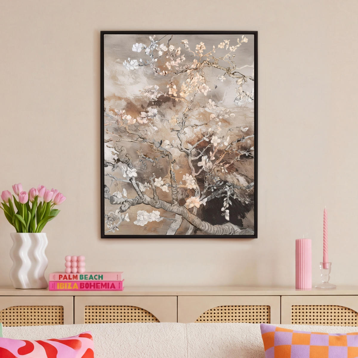 LEINWAND Bilder mit Rahmen - Mandelblüte - Kunst - Van Gogh - Beige - Abstrakt - 70x100 - Braun, Textil (70/100cm) - MuchoWow