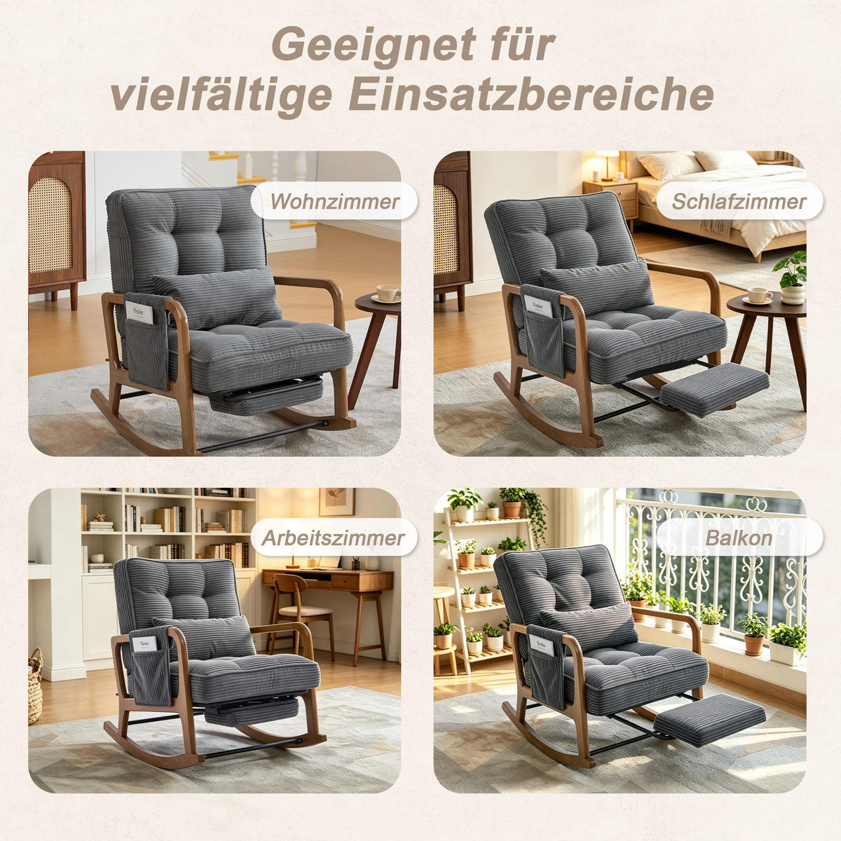 SCHAUKELSTUHL Grau Cord mit Fußstütze, Seitentaschen und verstellbarer Lehne - Grau, Textil (80/92/70cm) - Oxeza