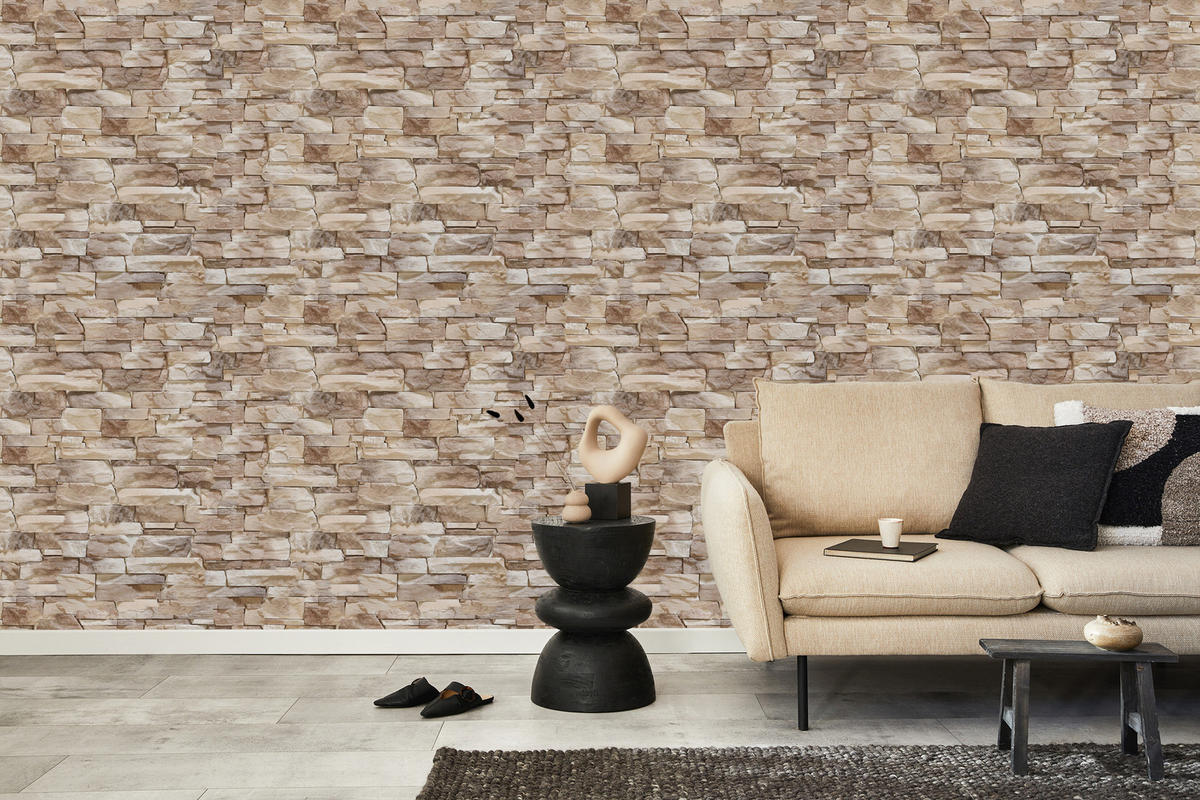 VLIESTAPETE Schiefermauer in 3D-Optik – Braun, Beige – 50x1000 cm - Beige/Braun, Papier (50/1000cm) - Muralo