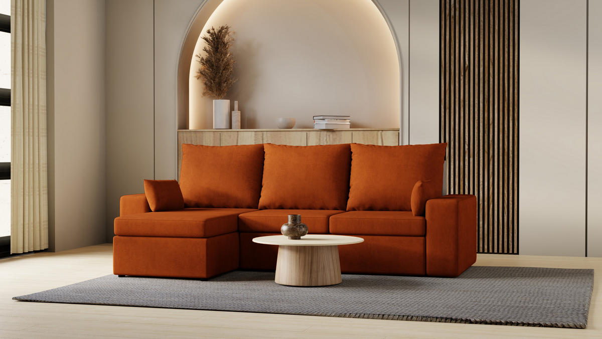 ECKSOFA Paco mit Bettkasten und Schlaffunktion, L-Form/XL-Form, Velourstoff, Universal - Rostfarben, Holzwerkstoff (246/145cm) - 4ALL HOME